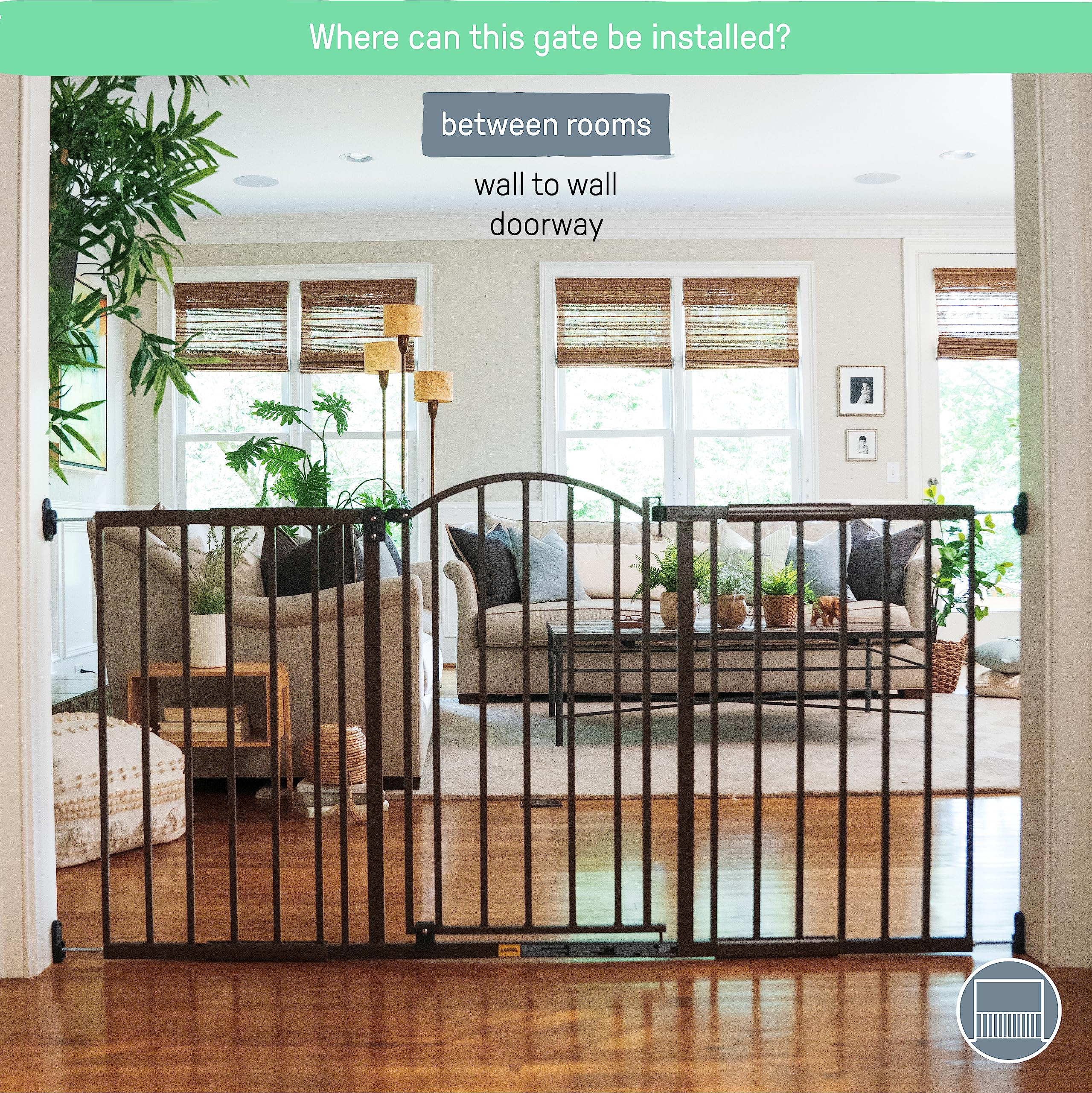 Summer Infant Metal Expansion Extra Wide Safety Pet and Baby Gate, 44"-71" Wide, 36” Tall, Hardware Mounted for Dog and Child Safety, Fits Large Opening or Doorway, Auto Close Walk Thru Door - Bronze