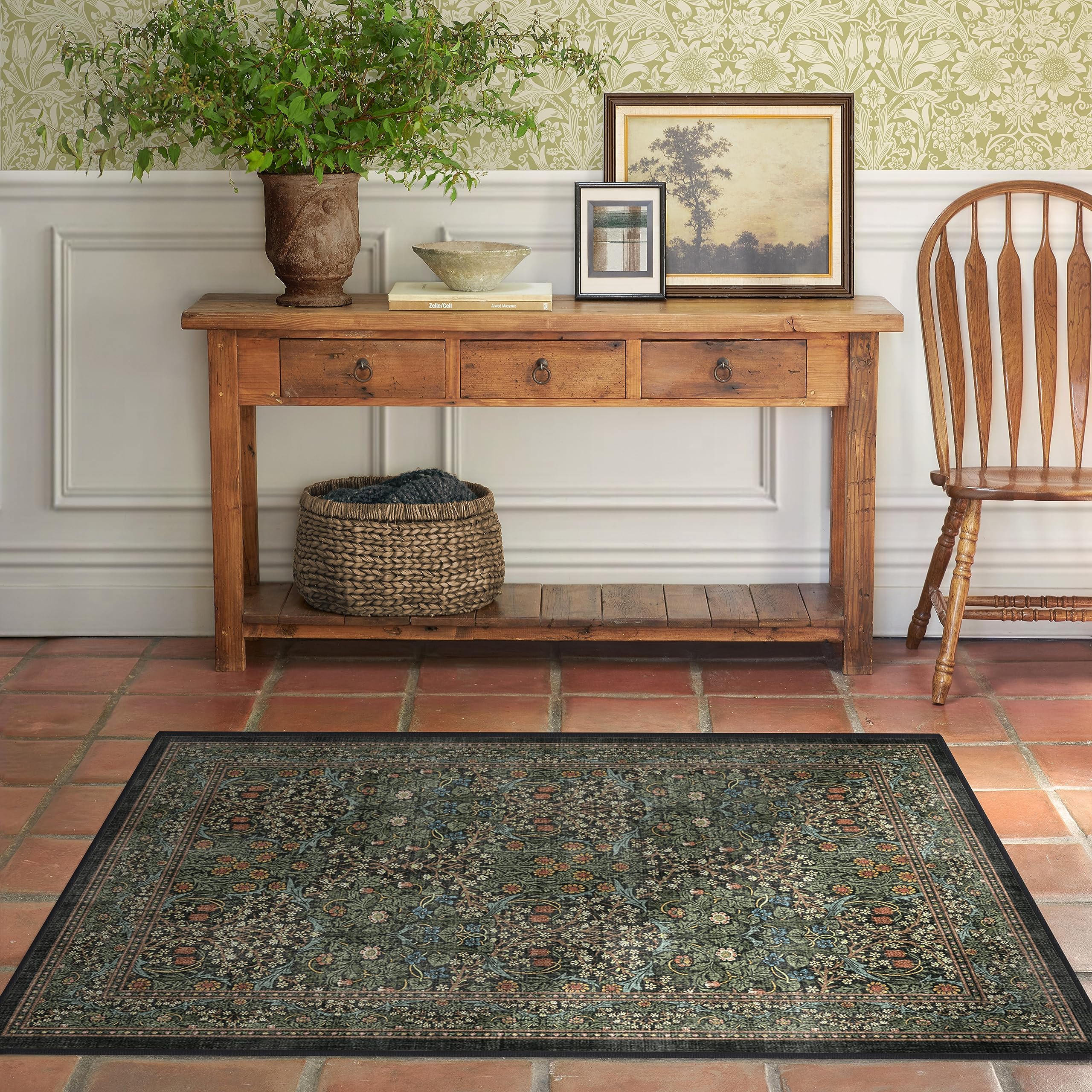 RUGGABLE x Morris & Co Washable Rug - Perfect Bohemian Area Rug for Living Room Bedroom Kitchen - Non-Slip, Child Friendly, Stain & Water Resistant - Blackthorn Forest Green 3'x5' (Standard Pad)