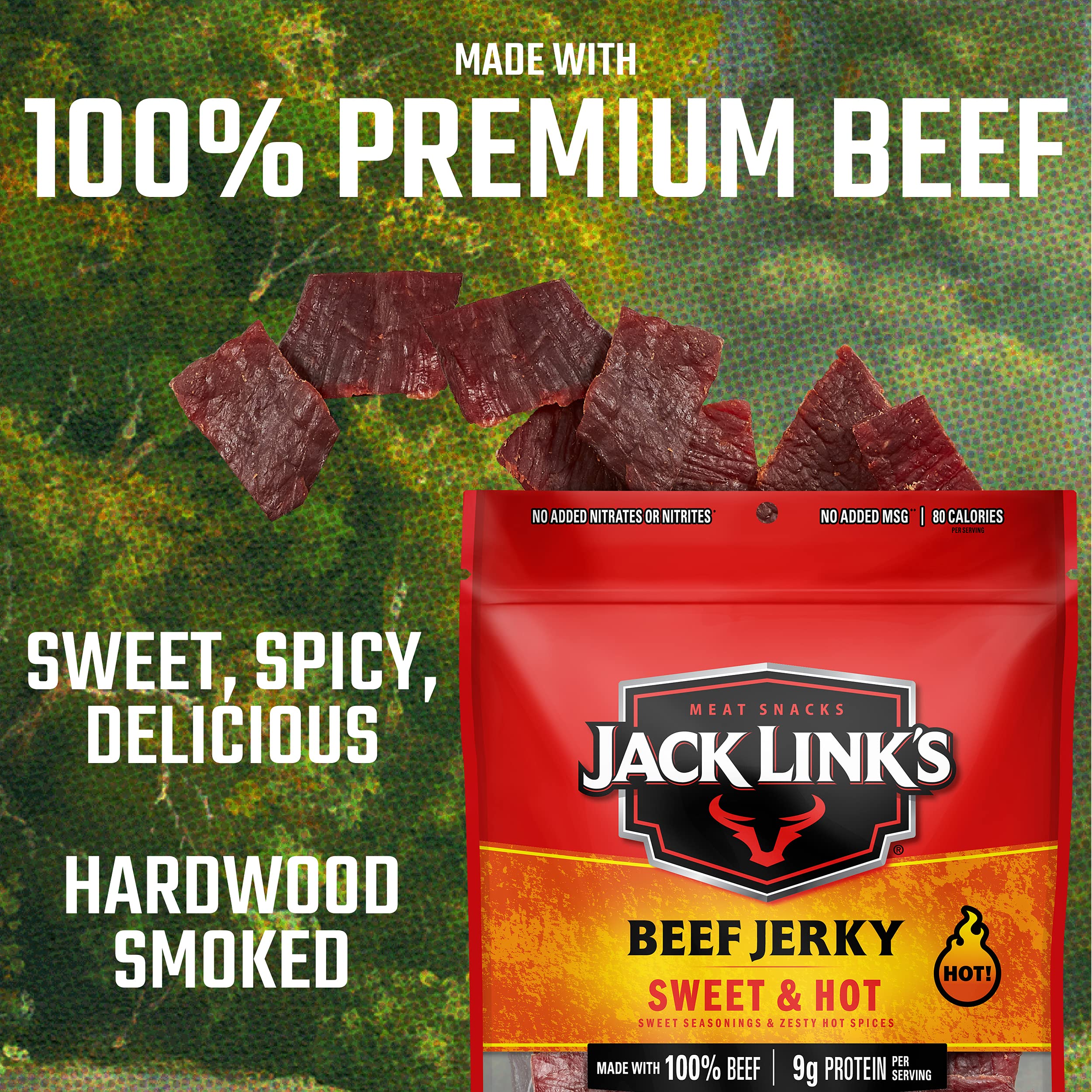 Jack Link's Beef Jerky, Sweet & Hot – Spicy Everyday Snack, 9g of Protein and 80 Calories, Made with 100% Beef – 96% Fat Free, No Added MSG** – 9 Oz. (Pack of 2)