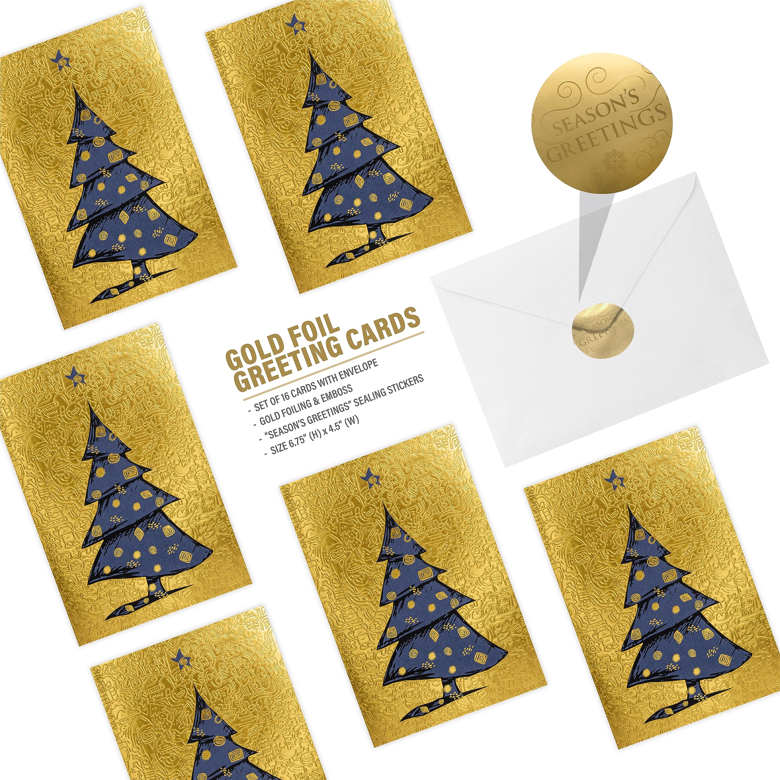 easykart labels 16 Christmas Greeting Cards with Gold Foiling & Embossing with Envelopes, Golden Mettalic 6.75 x 4.5 Inch Merry Christmas Cards with Seal Stickers For Friends, Family and loved Ones