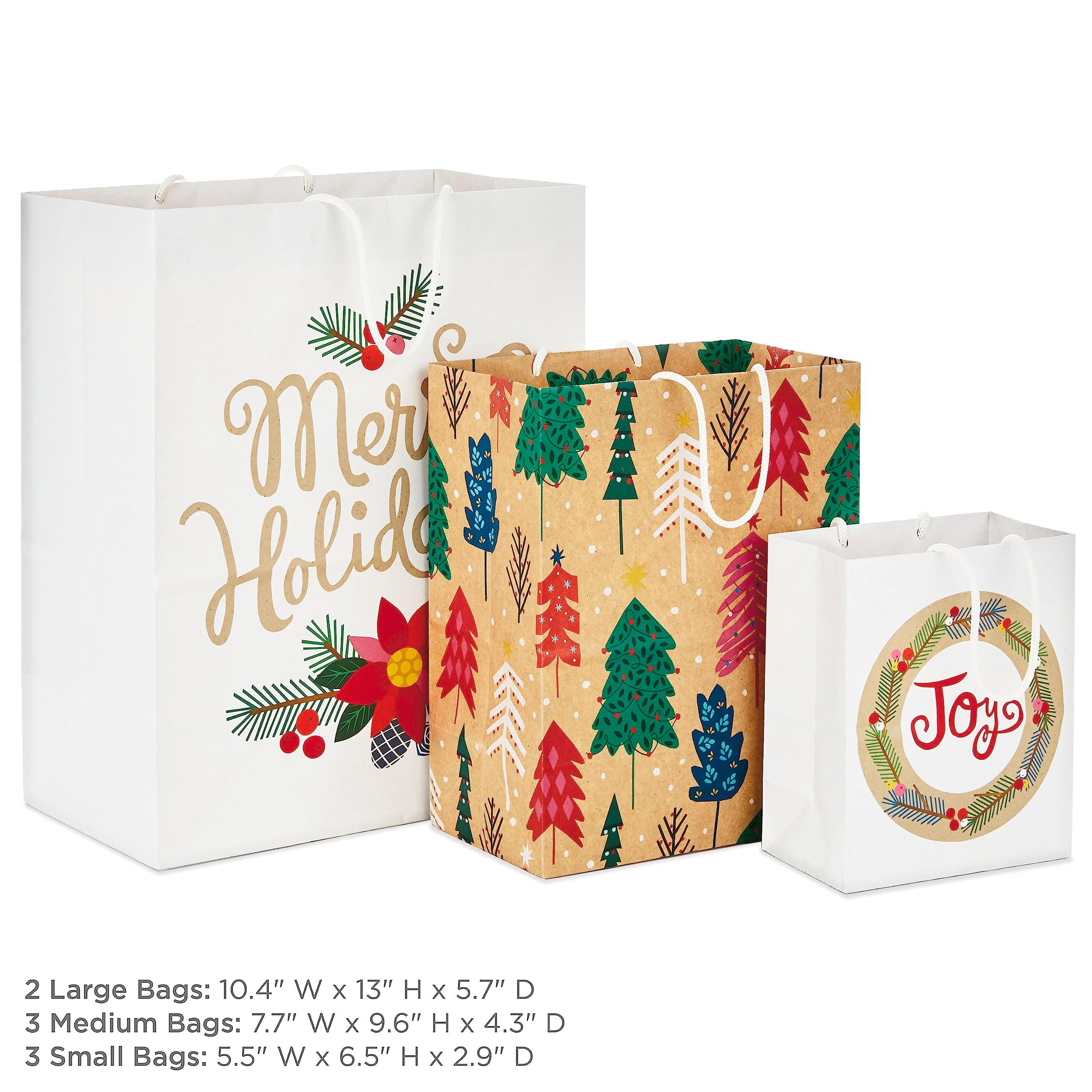 Hallmark Holiday Gift Bags (8 Bags: 3 Small 6", 3 Medium 9", 2 Large 13") Recyclable Kraft with Pink Trees, Merry Holidays Winter Flowers, Joy Wreath for Christmas, Hanukkah, Weddings