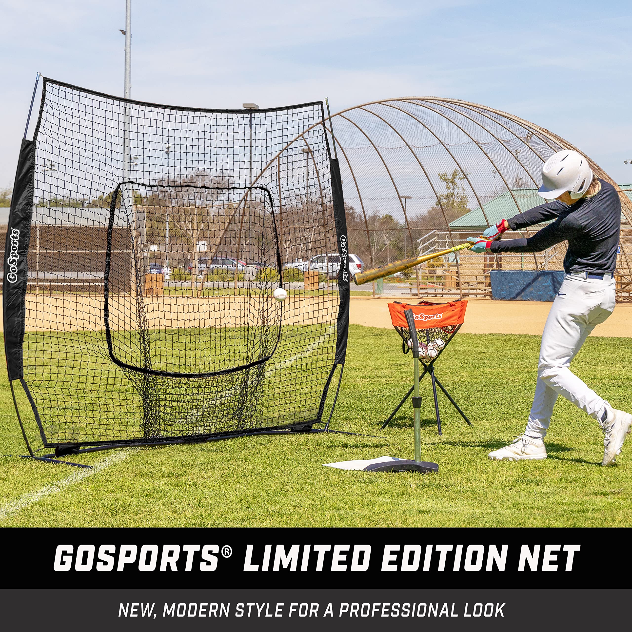 GoSports 7 ft x 7 ft Baseball & Softball Practice Hitting & Pitching Net with Bow Type Frame, Carry Bag and Strike Zone, Great for All Skill Levels