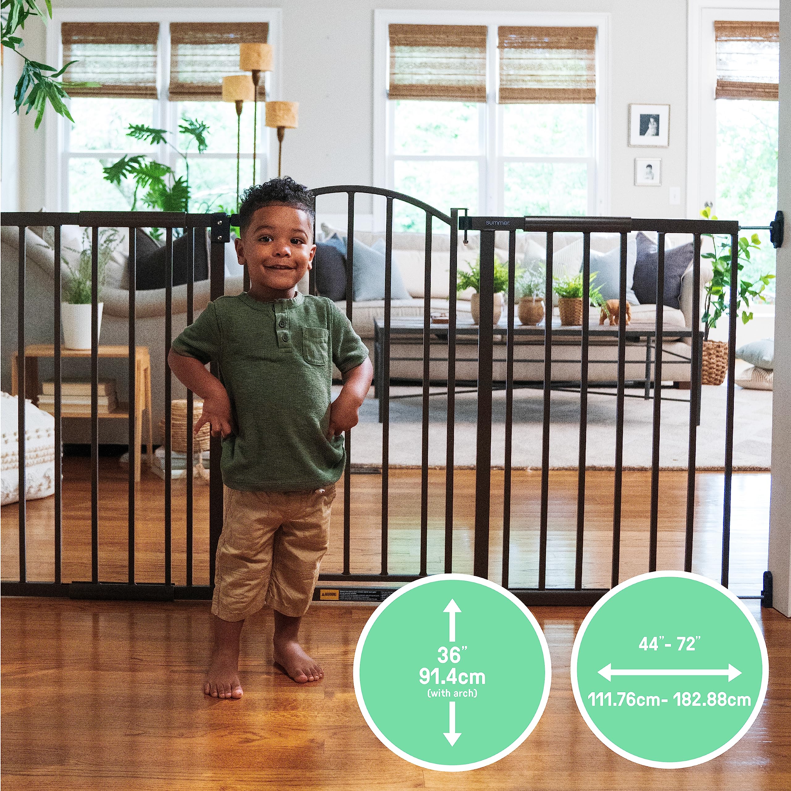 Summer Infant Metal Expansion Extra Wide Safety Pet and Baby Gate, 44"-71" Wide, 36” Tall, Hardware Mounted for Dog and Child Safety, Fits Large Opening or Doorway, Auto Close Walk Thru Door - Bronze