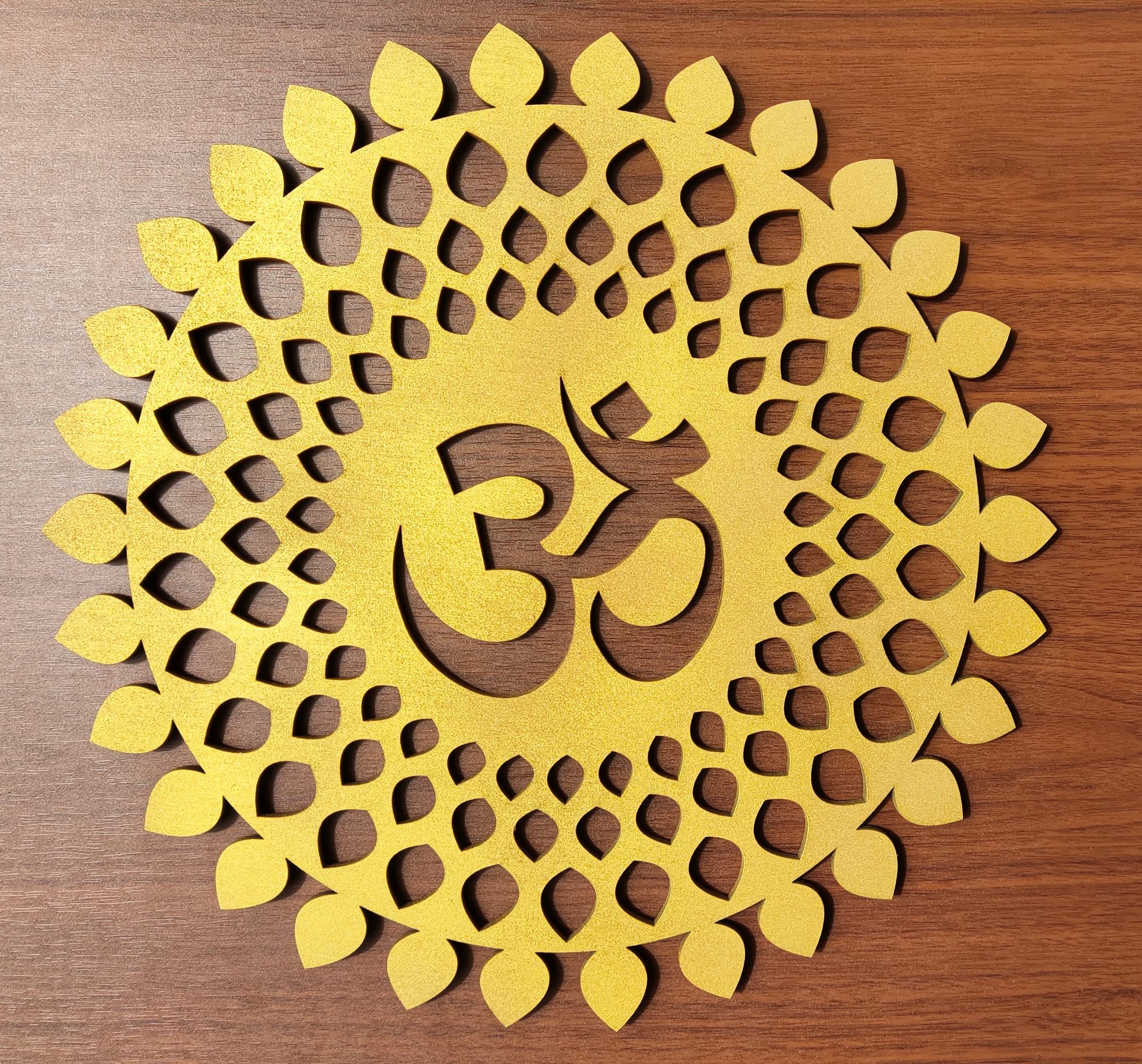 My Dream Carts Golden Om Round Decorative Wall Art Mdf Wooden Om Chakra For Temple, Living Room, Bedroom, Office, Hotel, Home Decor Items, Gift Item, Mandala Wall Hanging For House Decoration 60x60cm