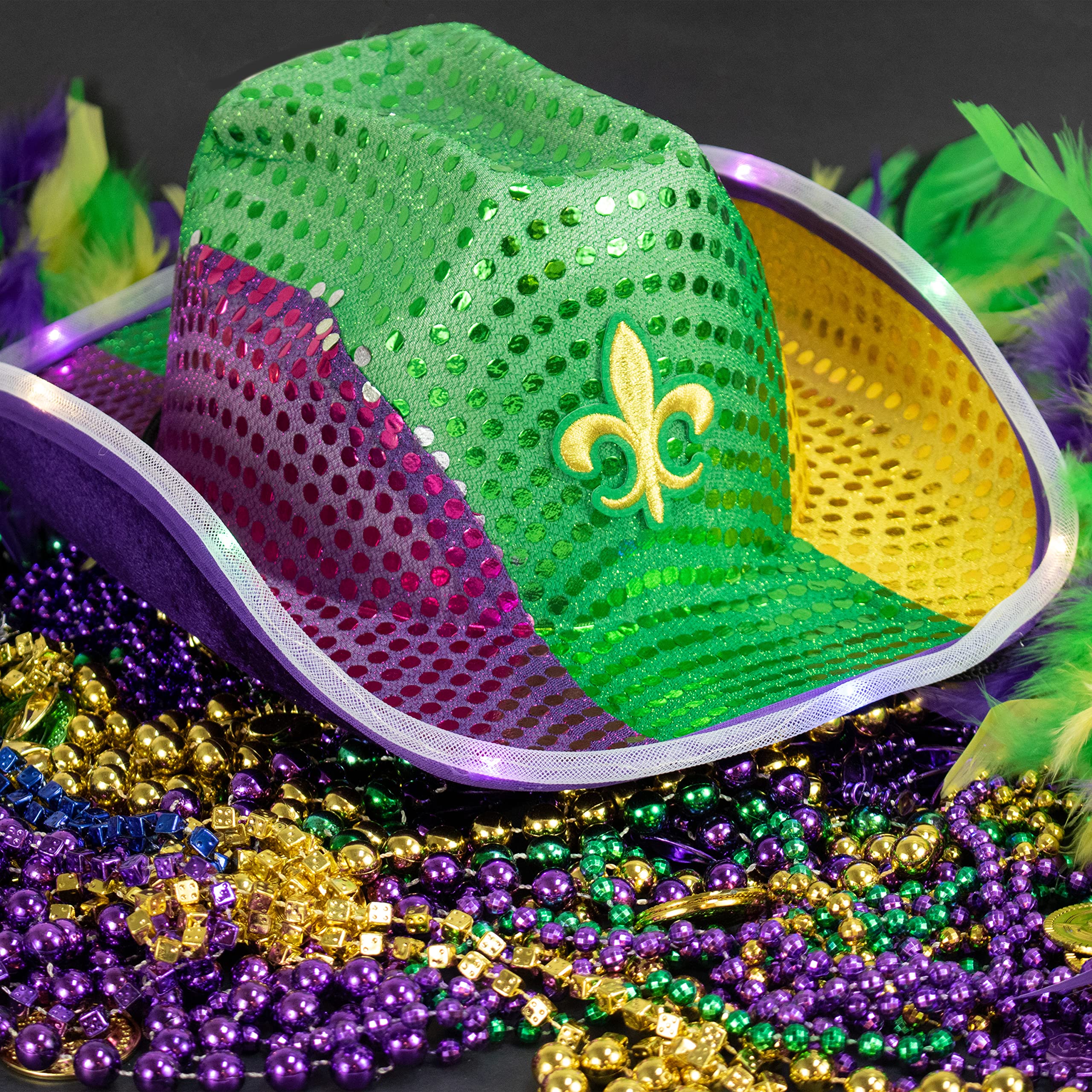 GiftExpress Adult LED Light-Up Sequin Cowboy Hat, Mardi Gras Costume Accessory, Shiny Purple, Green and Gold Colors