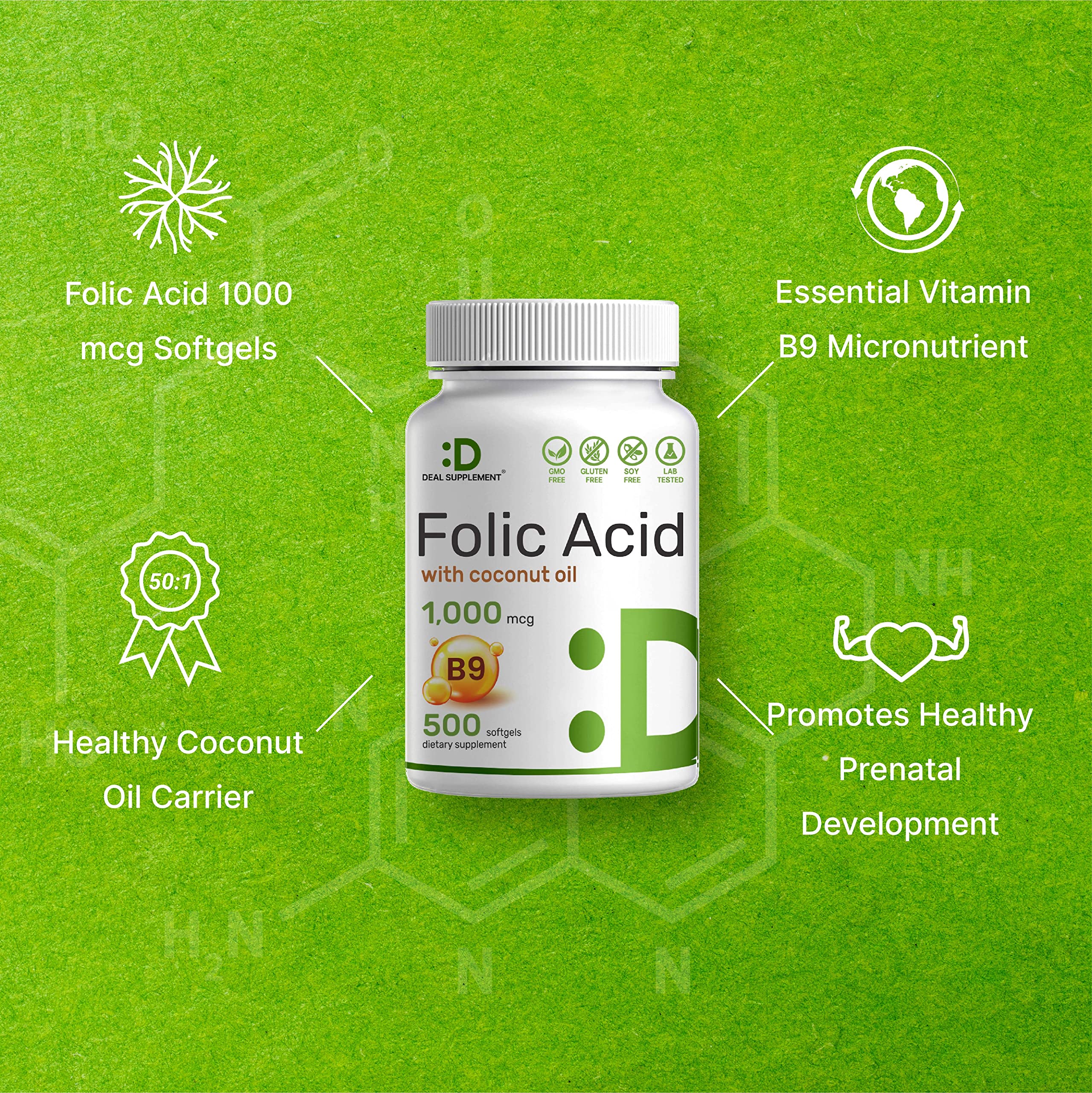 DEAL SUPPLEMENT Folic Acid 1000 mcg (1 mg), 500 Coconut Oil Softgels | Bioavailable Prenatal Vitamins (Vitamin B9) – 1,667 mcg DFE – Easy to swallow, Non-GMO, & No Gluten