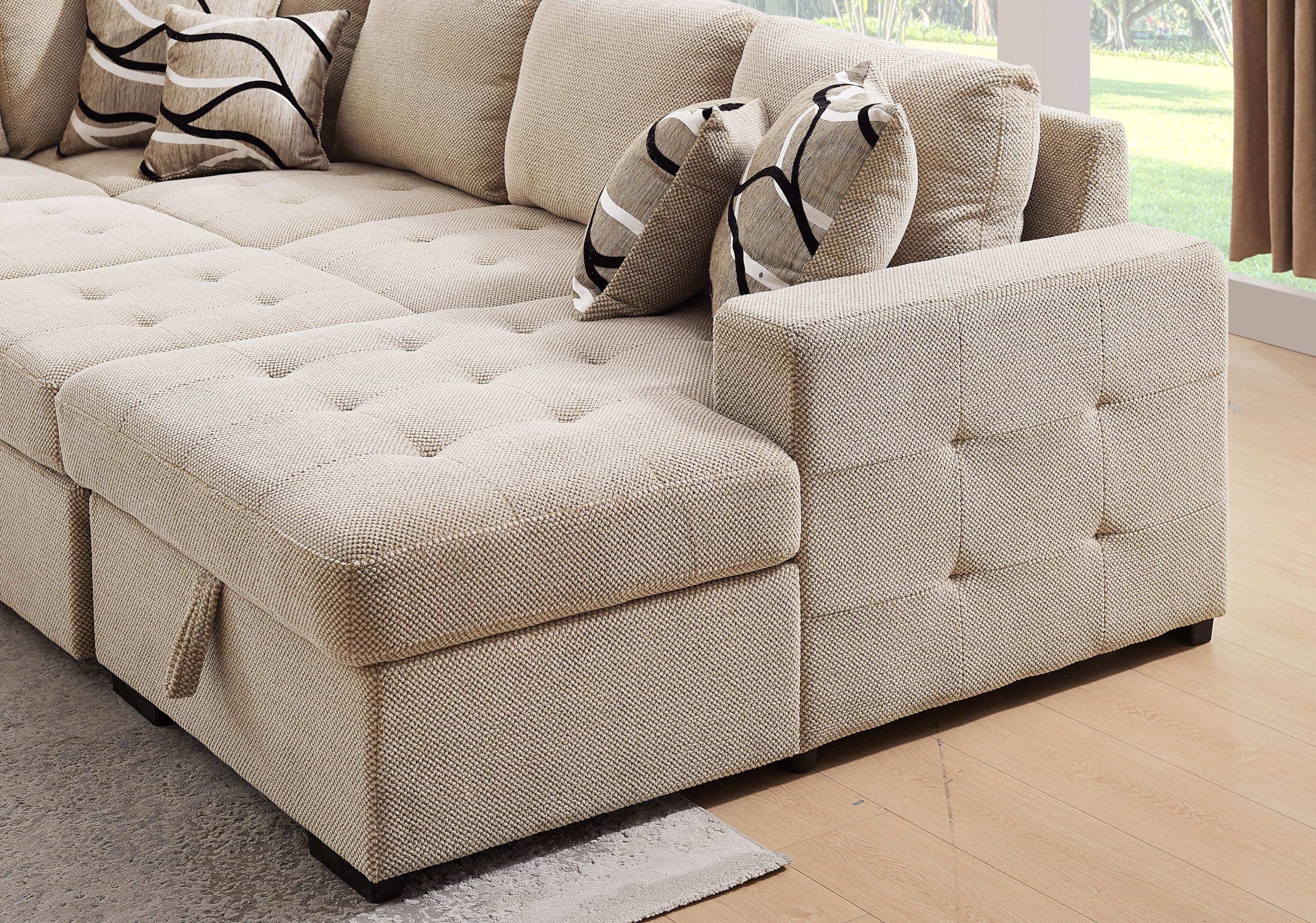 THSUPER Sectional Sleeper Sofa with Pull Out Bed and Storage Chaise, U Shape Sectional Sofa Bed, Oversized Sectional Sleeper Couch for Living Room Beige