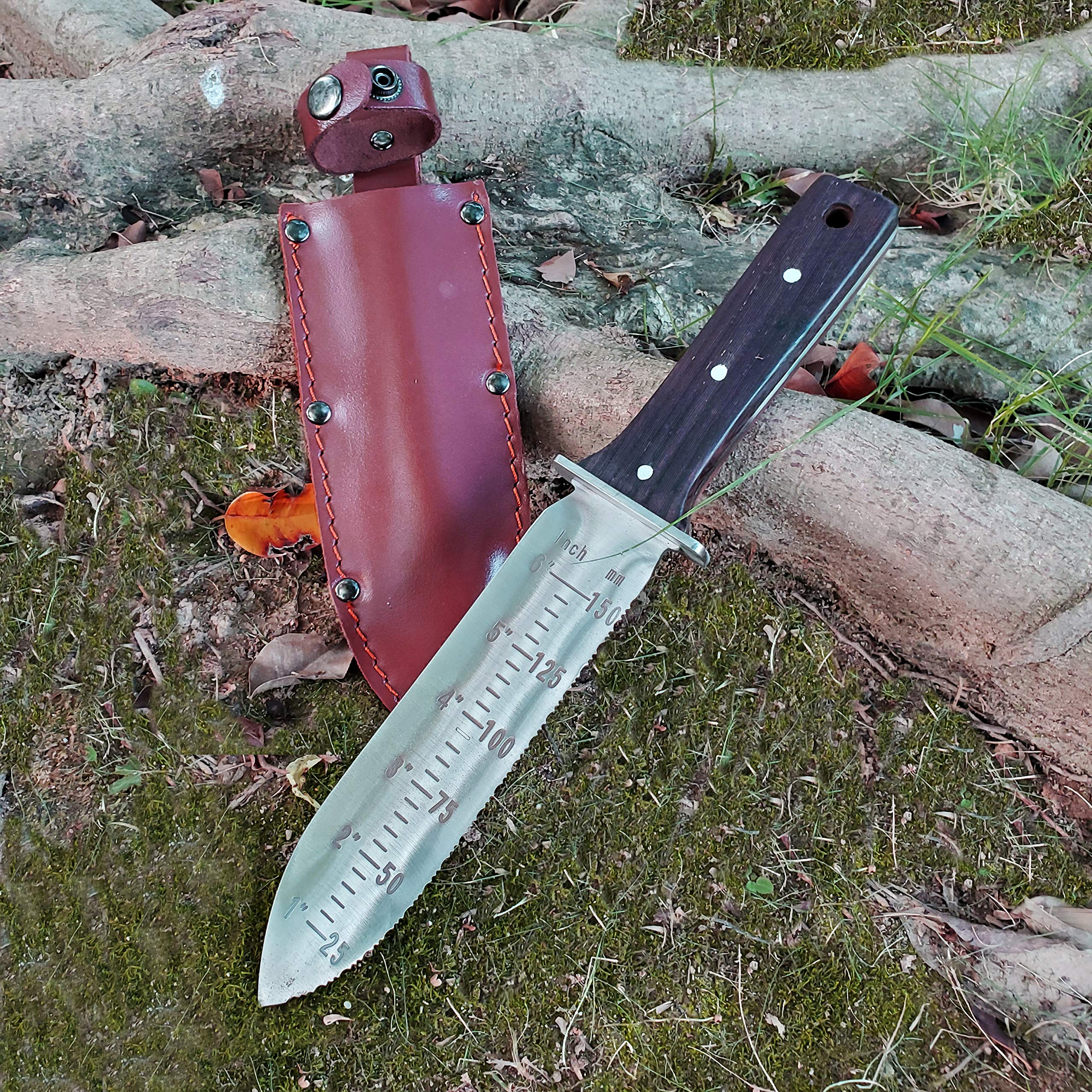 gonicc Professional Hori Hori Garden Knife with Leather Sheath, Protective Handguard, High polished 440 Stainless Steel Blade, Sharpening Stone Included, for Weeding, Digging, Pruning, and Cultivating