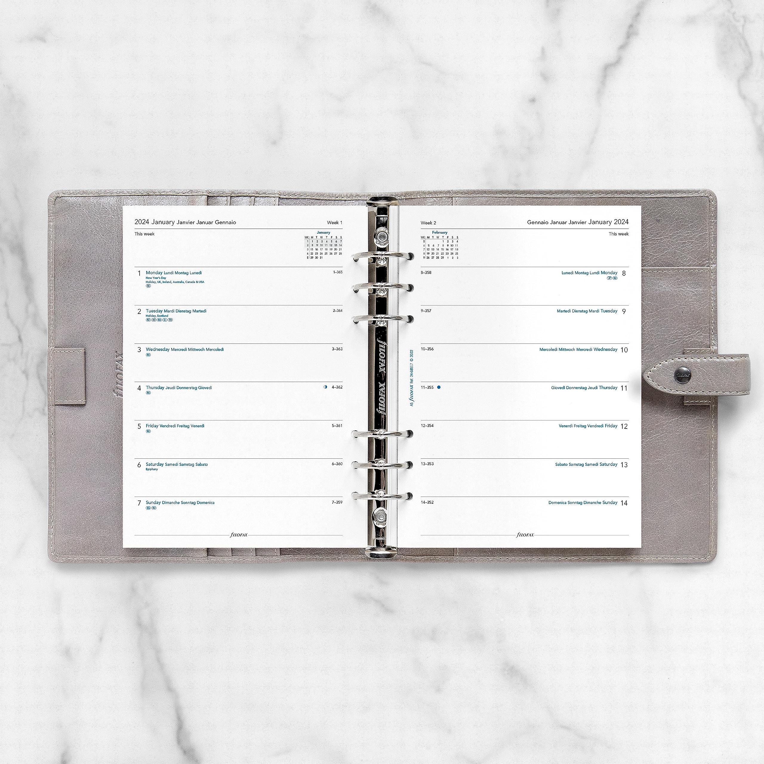 Filofax Calendar Diary Refill, A5 Size, Week on One Page, White Paper, Unruled, Multilingual: Four Languages, 2024 (C68517-24)