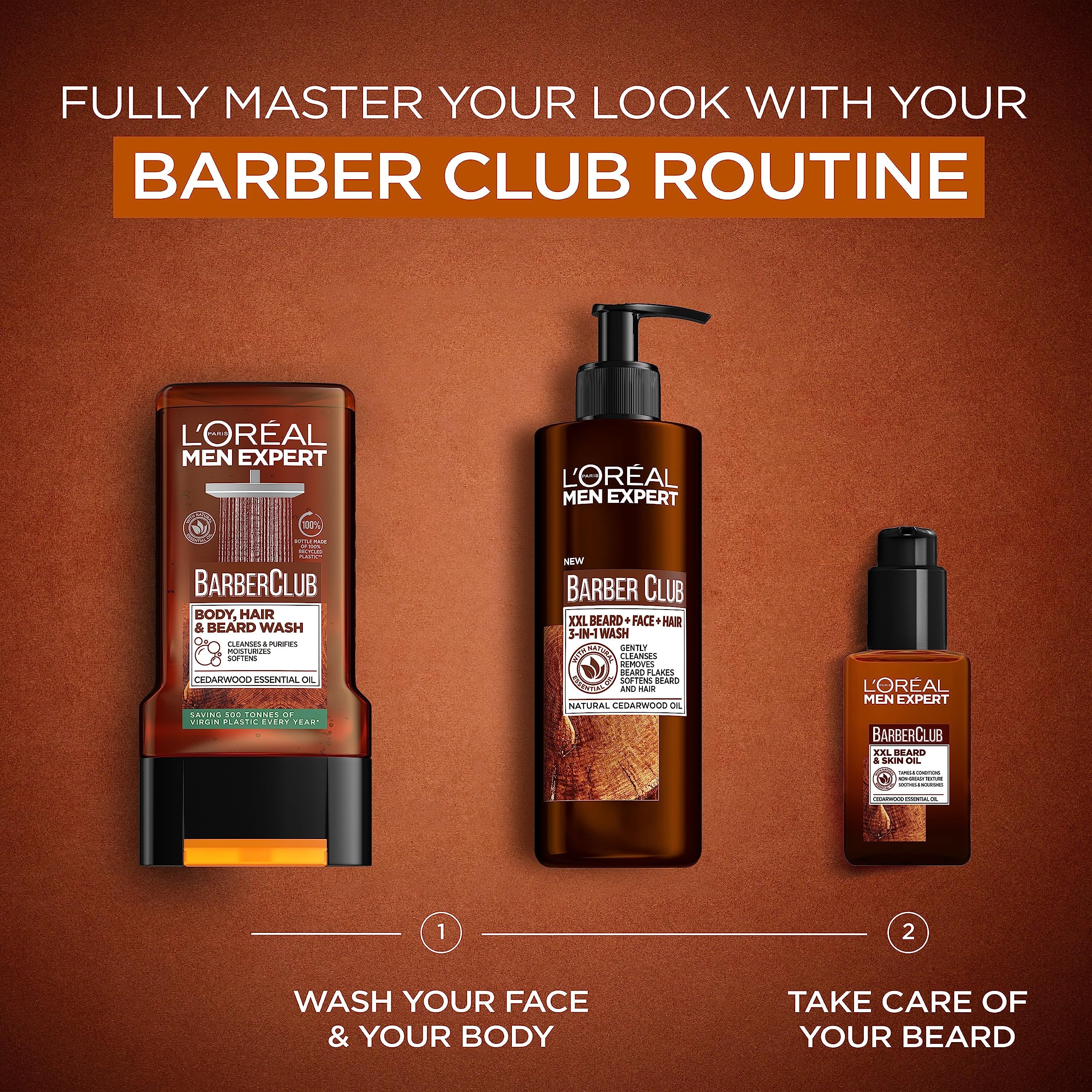 L’Oreal Paris Men Expert Cleansing 3-in-1 Beard, Face & Hair Wash 200ml, Barber Club Wash With Cedarwood Essential Oil, Deeply Cleanses and Removes Beard Flakes