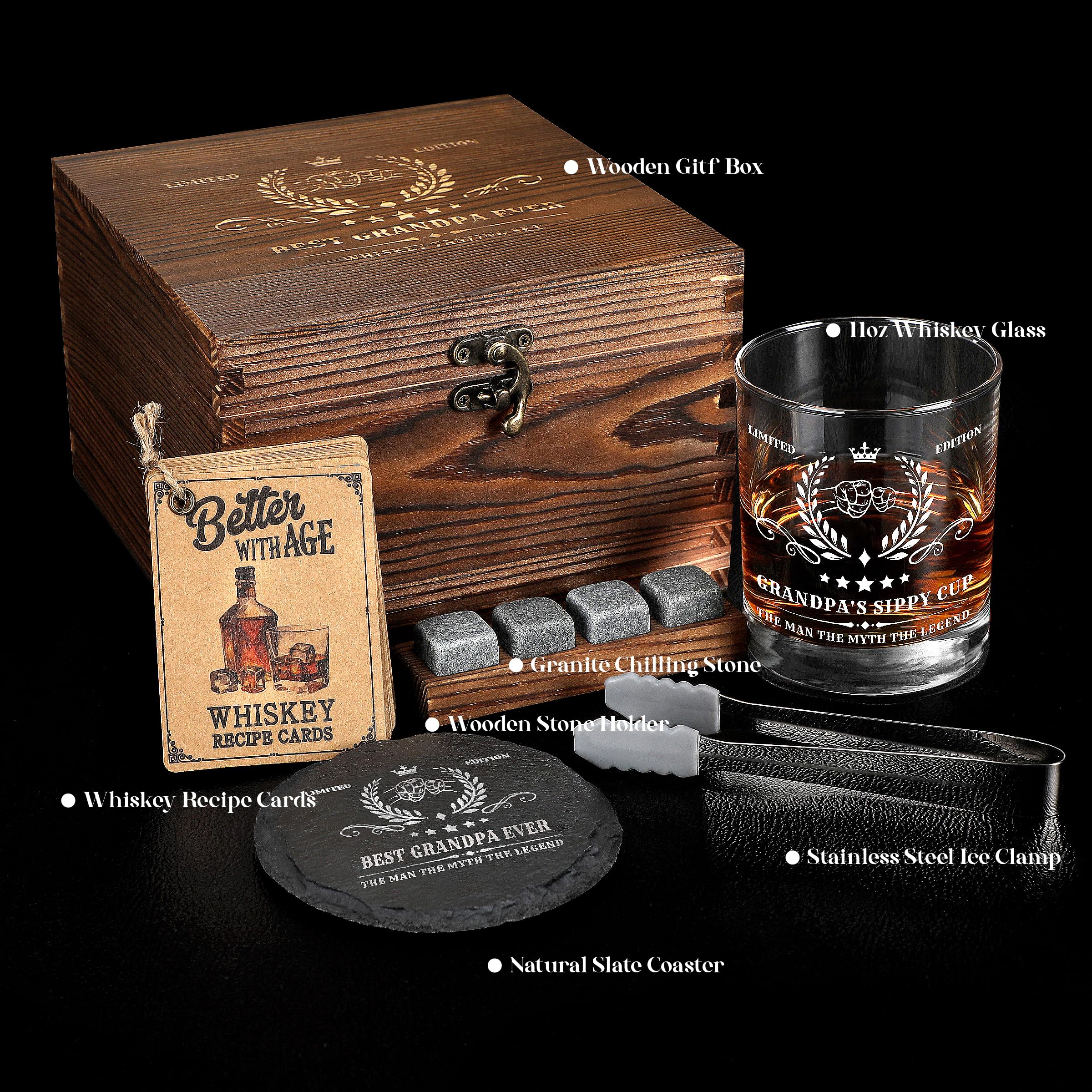 Pagather Grandpa Birthday Gifts Whiskey Set, Best Grandpa Presents from Grandson and Granddaughter, Include Wood Box, Recipe, Stones, Coaster, Stone Holder, Clamp