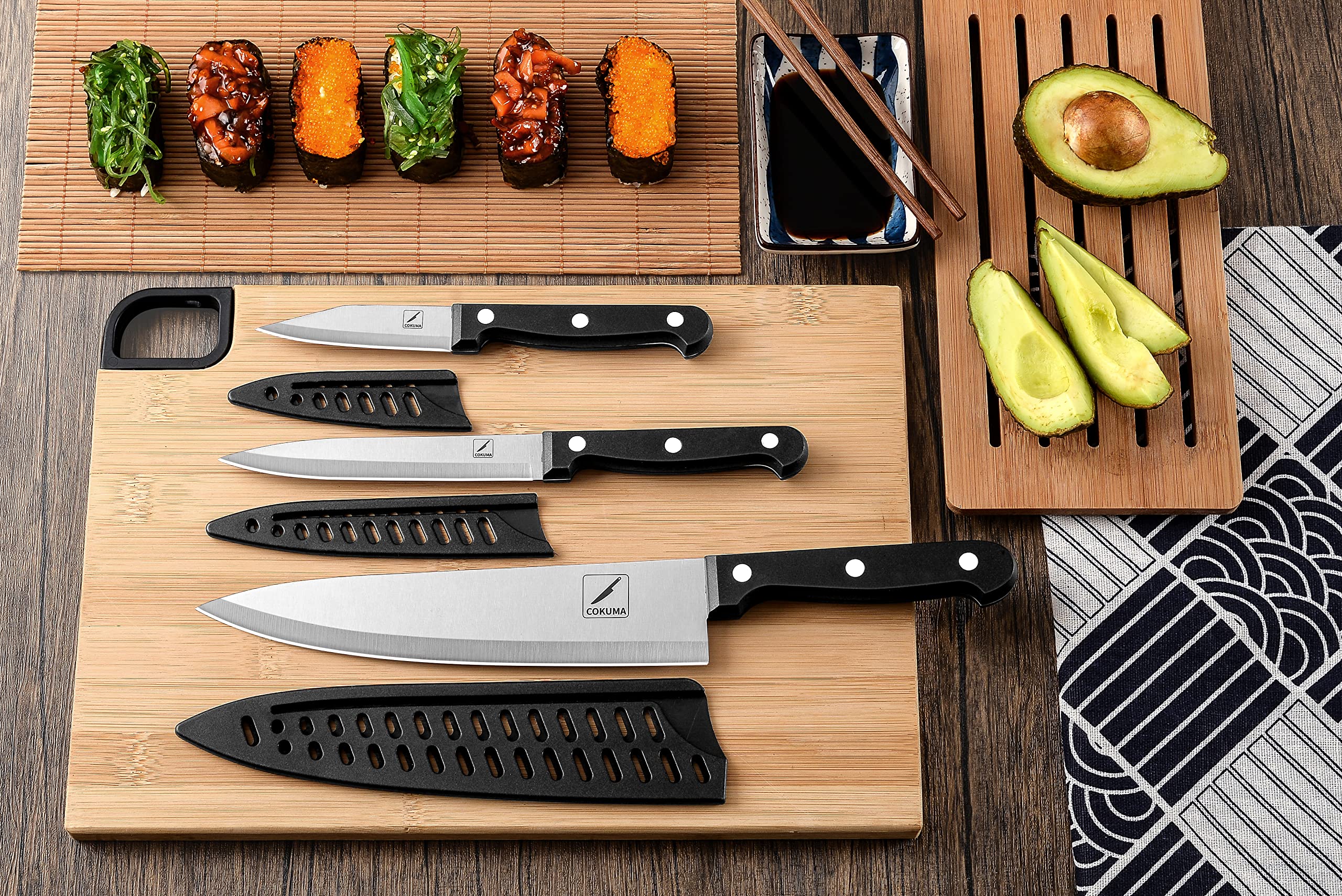 COKUMA Kitchen Knife, 3-Pcs Knife Set With Sheath, 8 Inch Chef Knife, 4.5 Inch Utility Knife, 4 Inch Paring Chef Knife, Stainless Steel, Black