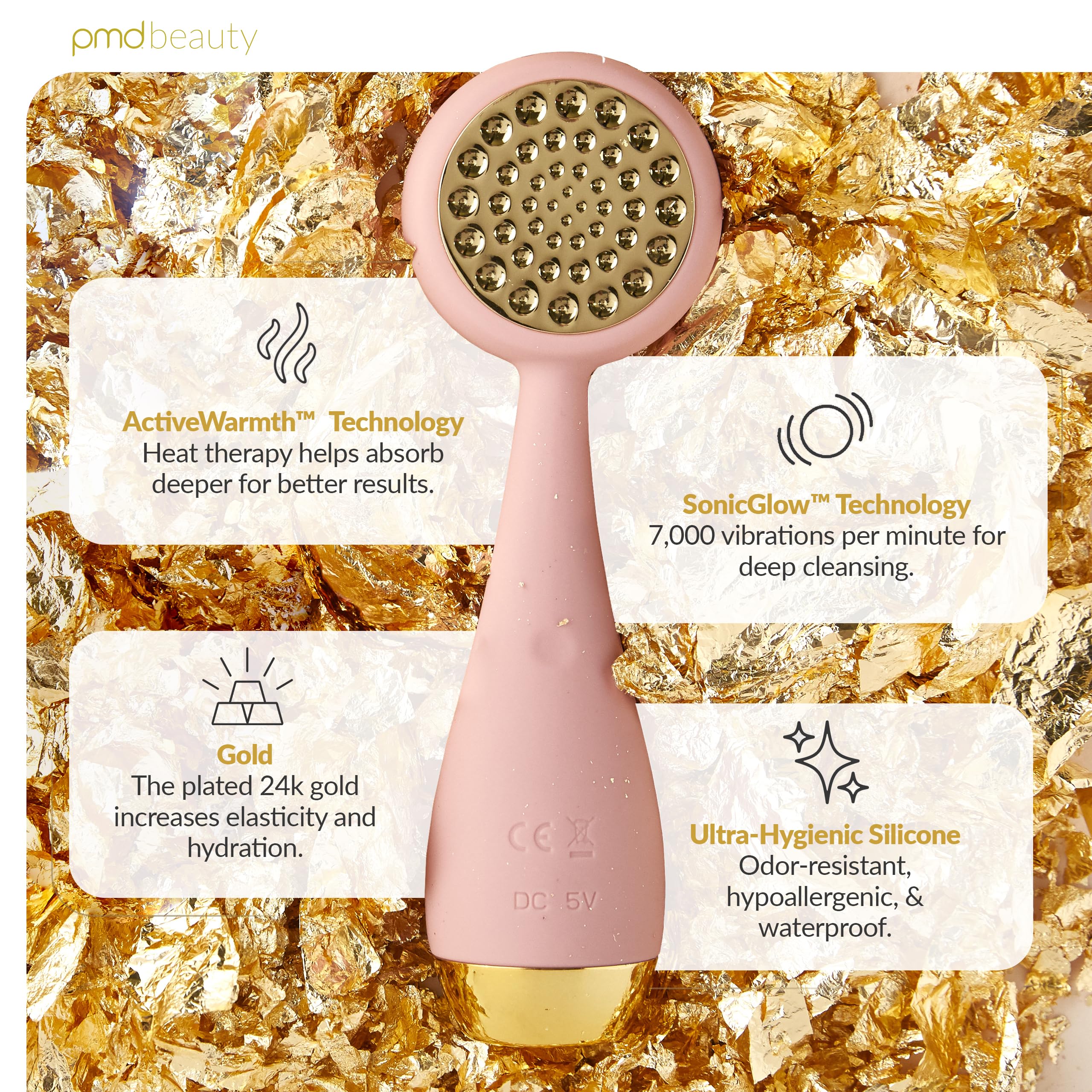 PMD Beauty Clean Pro - Electric Facial Cleansing Brush, Smart Facial Device with Silicone Brush & Heated Anti-Aging Aluminum, Gemstone, Precious Metal Massager