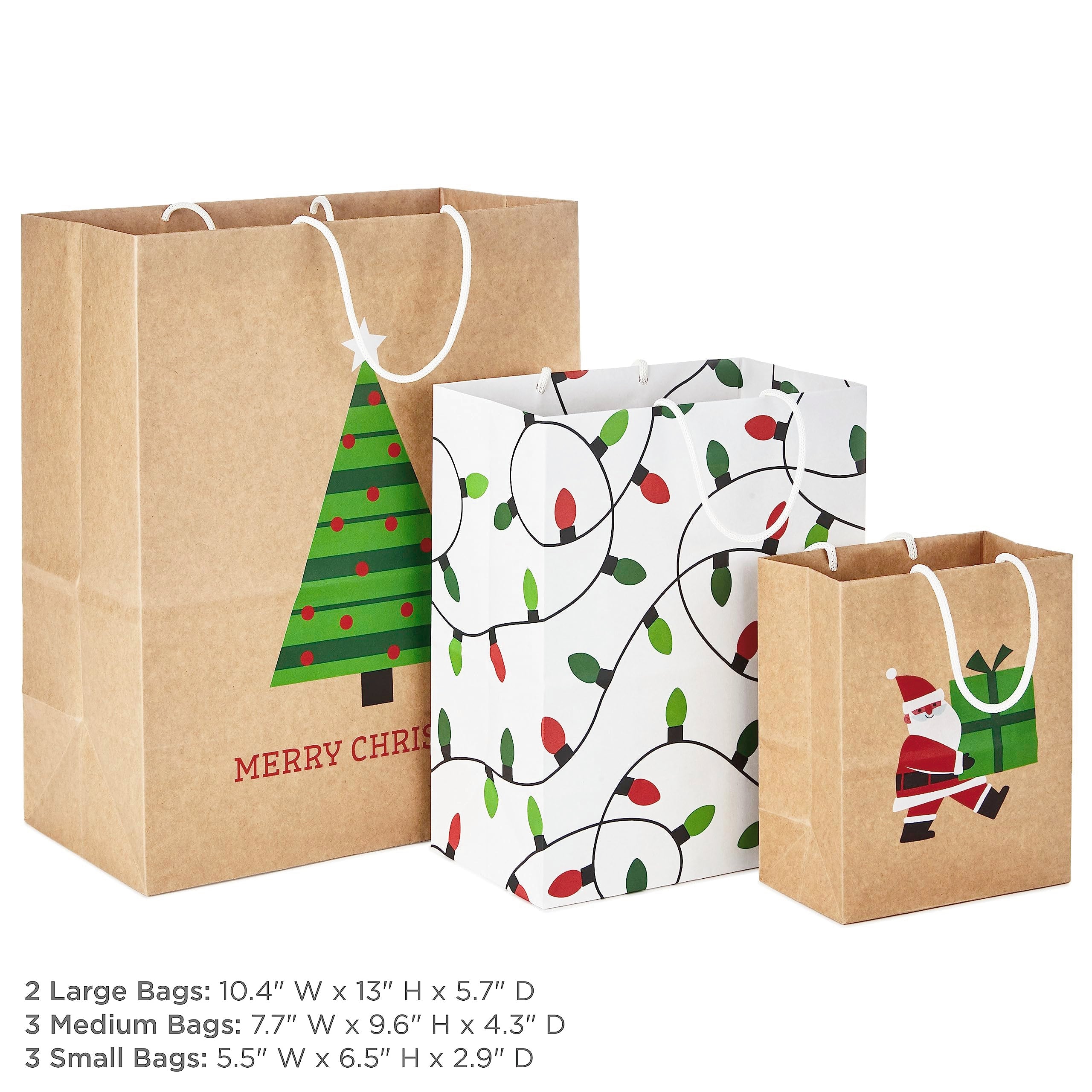 Hallmark Christmas Gift Bags for Kids (8 Bags: 3 Small 6", 3 Medium 9", 2 Large 13") Recyclable Kraft with Santa, Lights and Tree