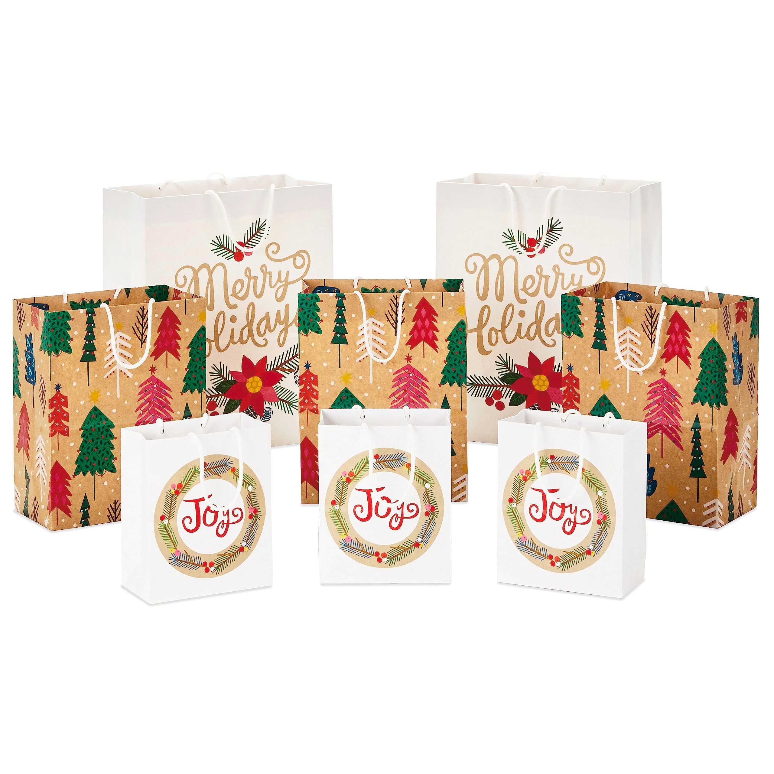 Hallmark Holiday Gift Bags (8 Bags: 3 Small 6", 3 Medium 9", 2 Large 13") Recyclable Kraft with Pink Trees, Merry Holidays Winter Flowers, Joy Wreath for Christmas, Hanukkah, Weddings