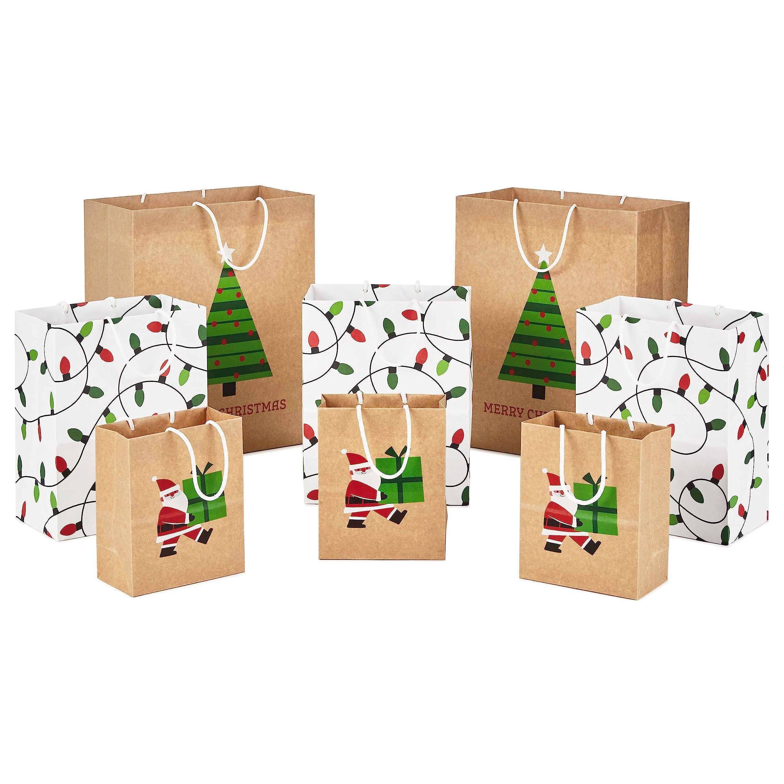 Hallmark Christmas Gift Bags for Kids (8 Bags: 3 Small 6", 3 Medium 9", 2 Large 13") Recyclable Kraft with Santa, Lights and Tree