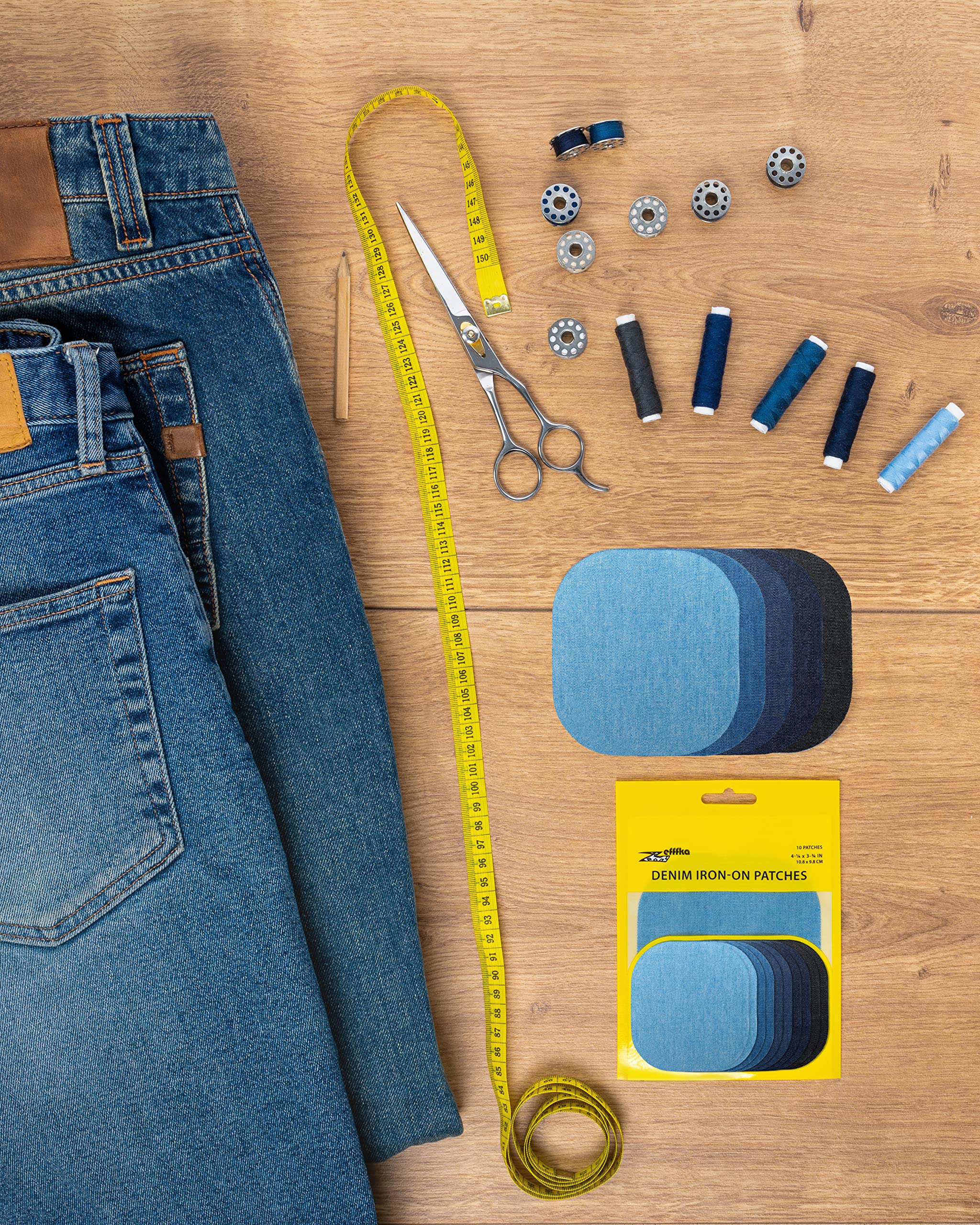 ZEFFFKA Denim Iron-on Jean Patches Inside & Outside Strongest Glue 100% Cotton Assorted Shades of Blue Black Repair Decorating Kit 10 Pieces Size 4-1/4" by 3-3/4" (9.8 cm x 10.8 cm)