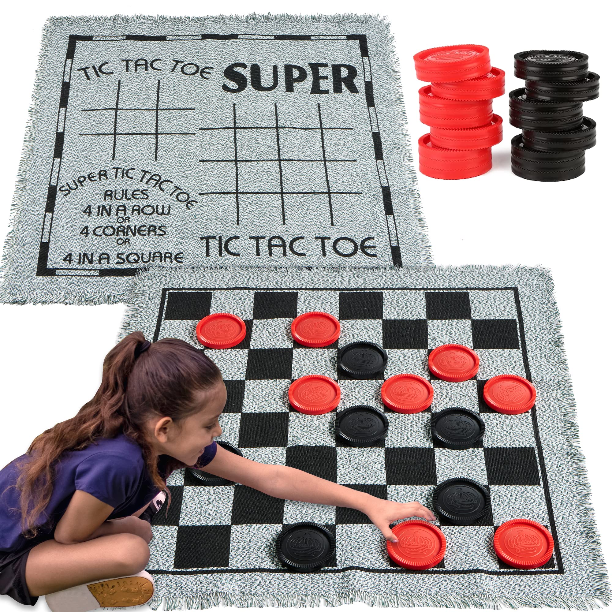 3-in-1 Vintage Giant Checkers, Tic, Tac, Toe, Game with Reversible Mat, 24 Chips, Family Board Game, Lawn Game, BBQ Party Favor, Indoor and Outdoor Activity for Kids and Adults