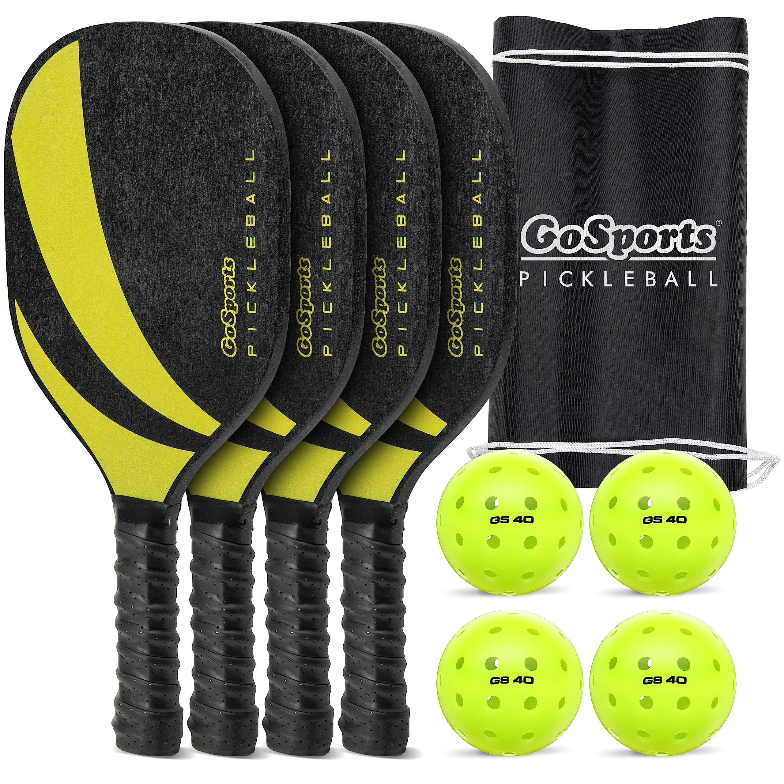 GoSports Pickleball Set with 4 Paddles, 4 Regulation Pickleballs and Carry Case - Classic, Retro, Steel Blue or Yellow