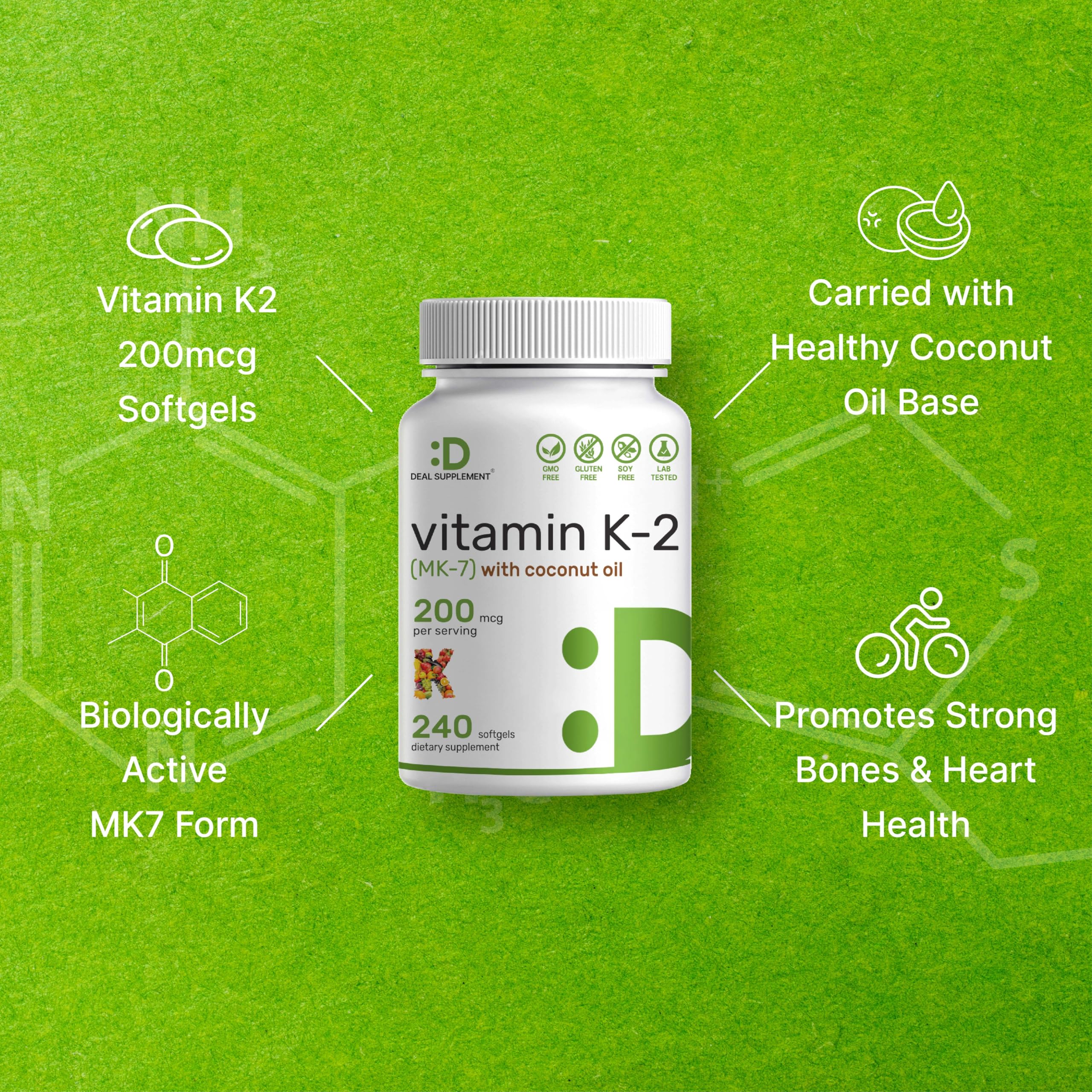 Vitamin K2 (MK-7) 200mcg, 240* Virgin Coconut Oil Softgels | Premium Menaquinone-7 Form