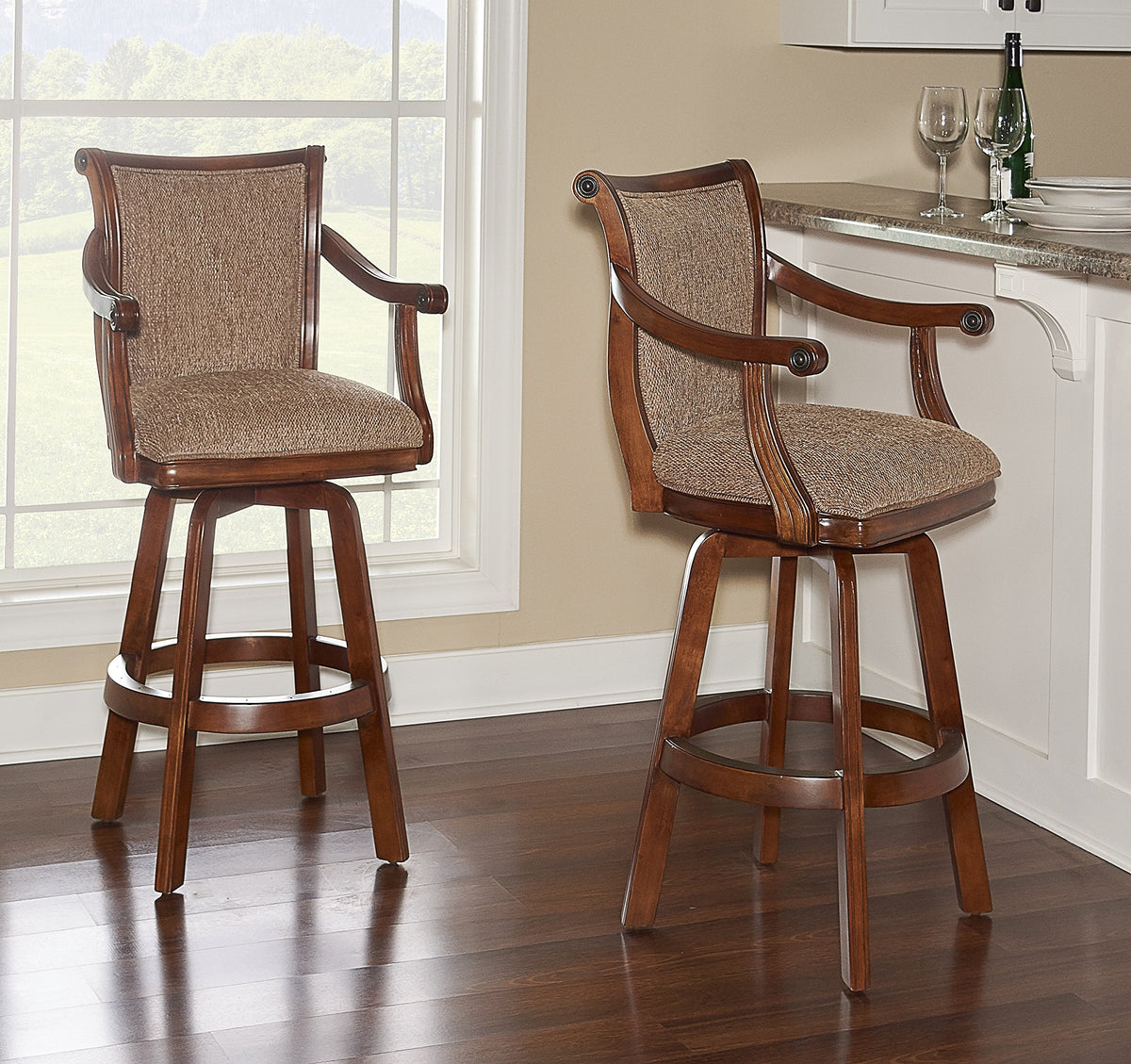 Powell Furniture Brandon Swivel Arm Barstool with Extra Padded Upholstered Seat by Powell, Bar Height, Cherry Brown