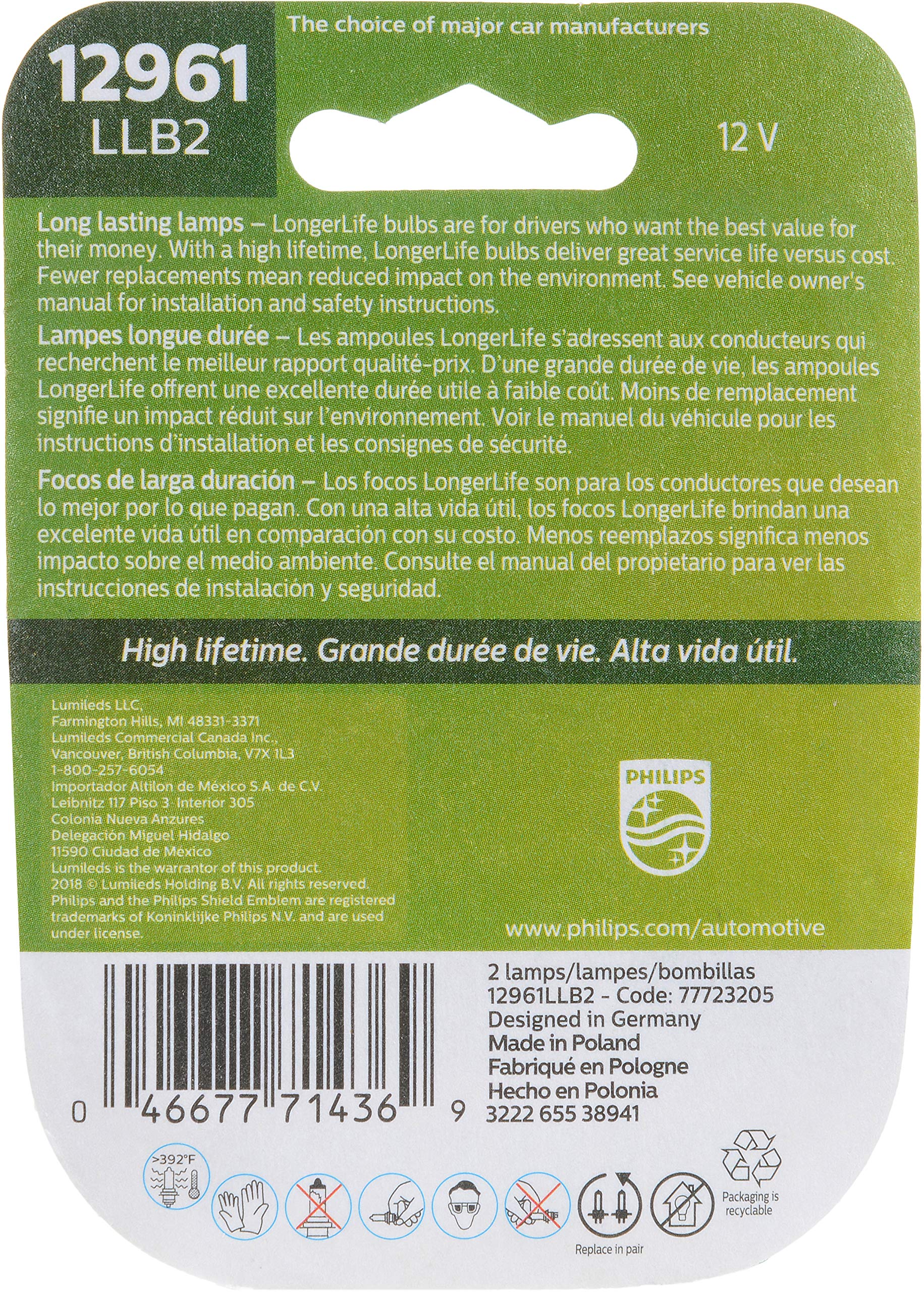 Philips Automotive Lighting 12961LLB2 LongerLife Miniature Bulb, 2 Pack