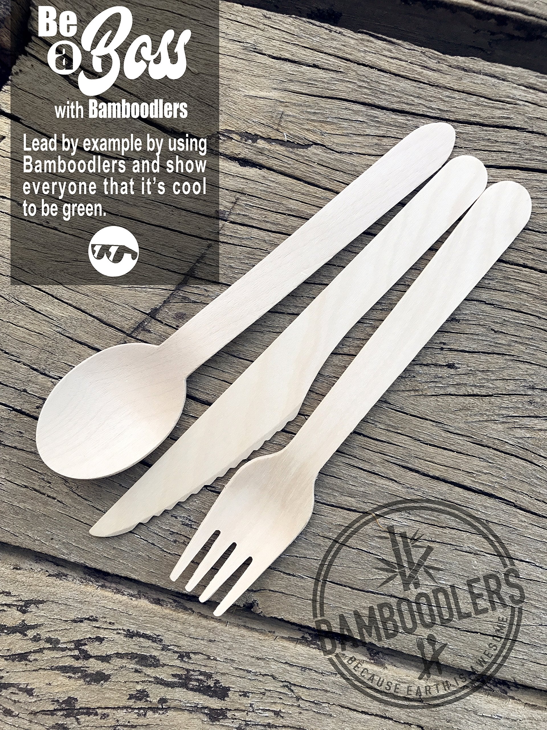 BAMBOODLERS Disposable Wooden Cutlery Set | 100% All-Natural, Eco-Friendly, Biodegradable, and Compostable - Because Earth is Awesome! Pack of 200-6.5” utensils (100 forks, 50 spoons, 50 knives)