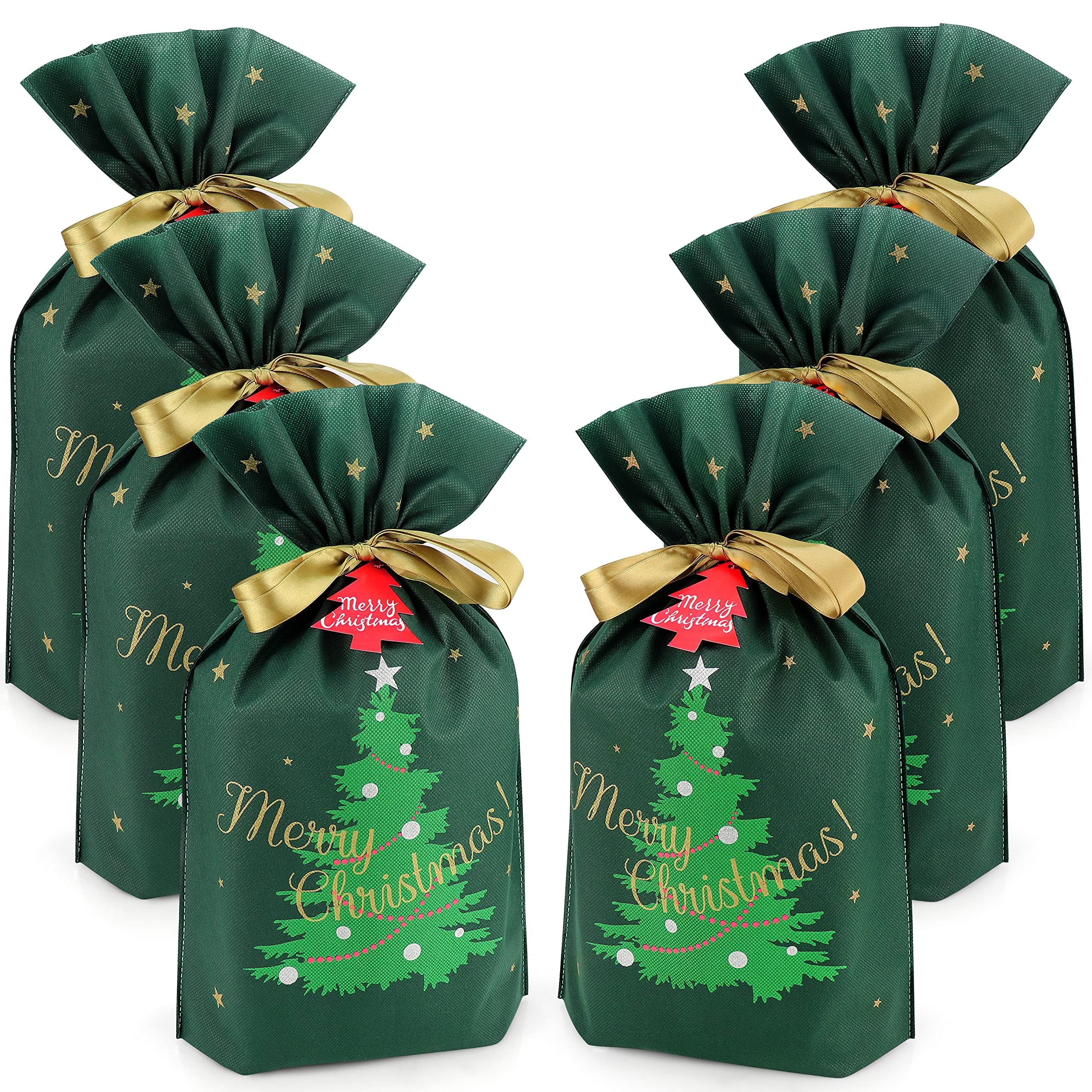 Fabric Gift Bags for Christmas Presents - 6 Pcs Christmas Bags with Drawstring, Large Christmas Gift Bags for Presents, Christmas Gift Wrap Reusable Christmas Bags for Gifts (Green Christmas Tree)