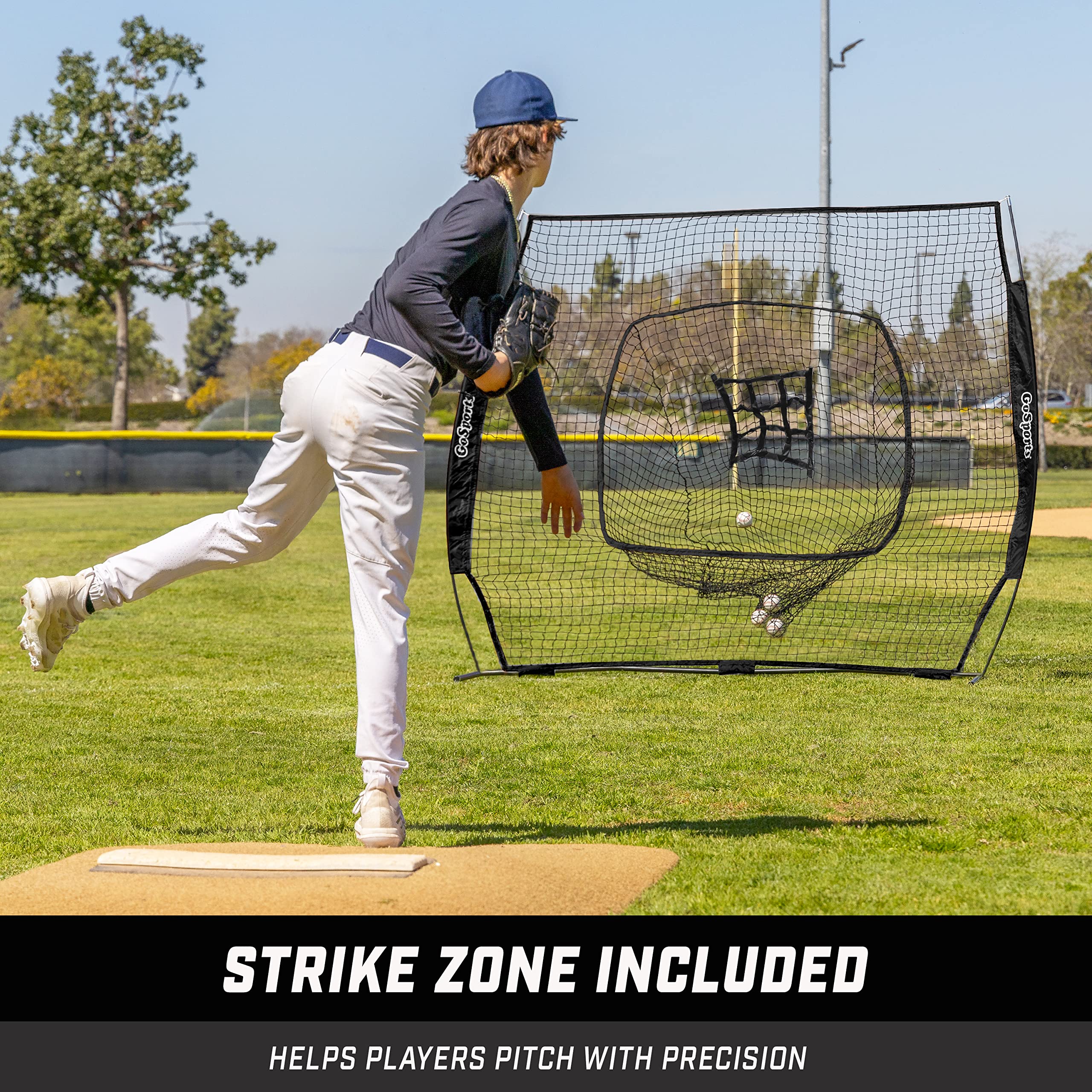 GoSports 7 ft x 7 ft Baseball & Softball Practice Hitting & Pitching Net with Bow Type Frame, Carry Bag and Strike Zone, Great for All Skill Levels