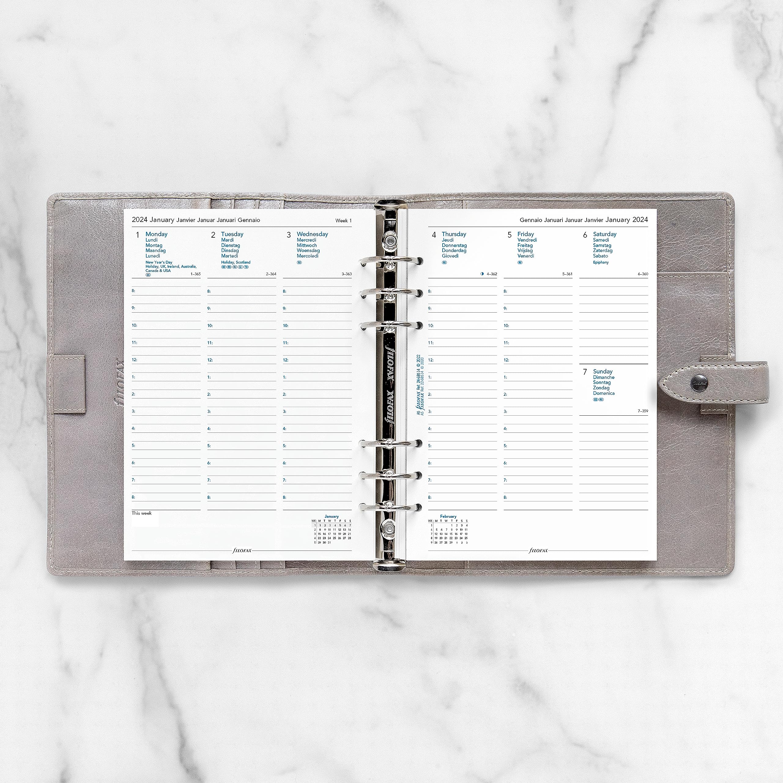 Filofax Calendar Diary Refill, A5 Size, Week-to-View with Appointments, White Paper, Multilingual: Five Languages, 2024 (C68514-24)