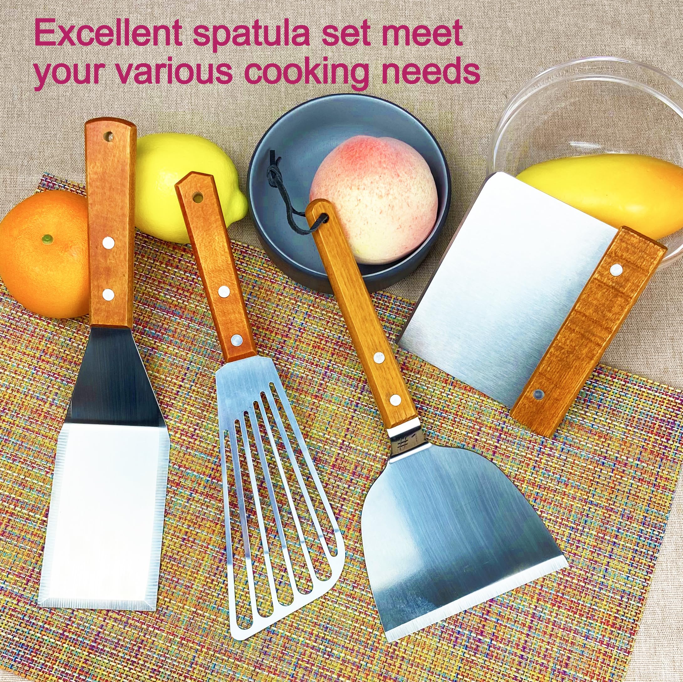 KLAQQED Spatula, Metal Spatulas Set, Stainless Steel Spatula, Fish Spatula Turner Cooking BBQ Grill Griddle Spatula, Metal Spatula for Cast Iron Skillet, Small Wide Kitchen Spatulas with Wood Handle