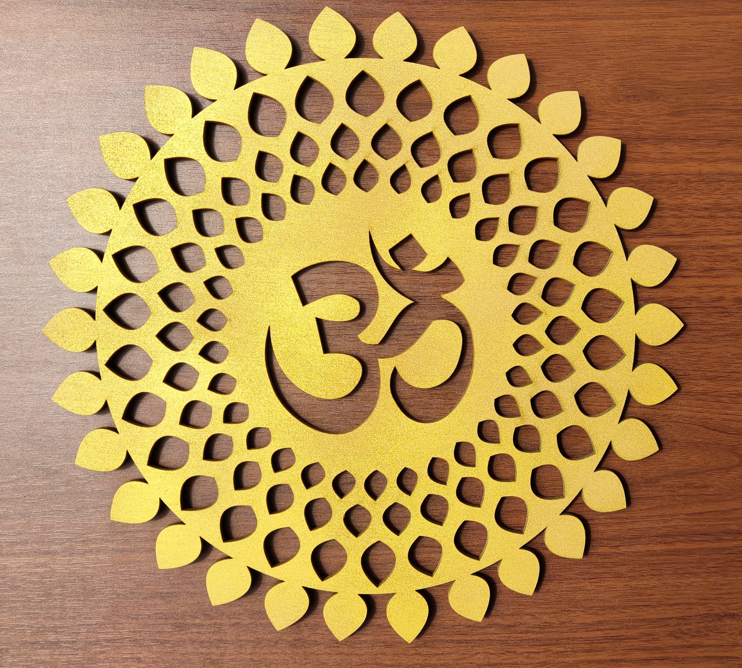 My Dream Carts Golden Om Round Decorative Wall Art Mdf Wooden Om Chakra For Temple, Living Room, Bedroom, Office, Hotel, Home Decor Items, Gift Item, Mandala Wall Hanging For House Decoration 60x60cm