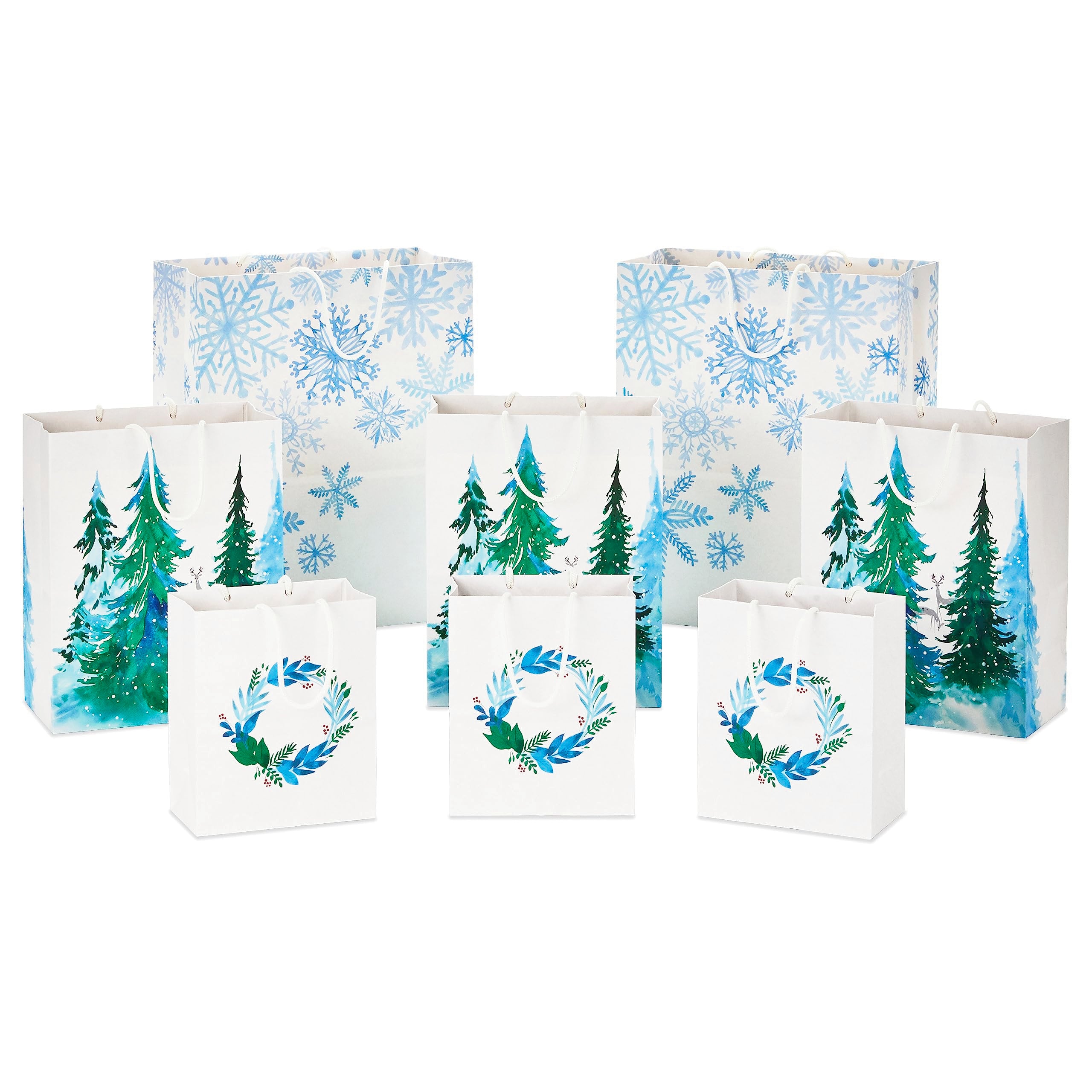 Hallmark Christmas Gift Bags - White with Wreaths, Snowflakes and Trees (8 Recyclable Bags: 3 Small 6", 3 Medium 9", 2 Large 13") for Holiday Parties, Hanukkah, Winter Weddings