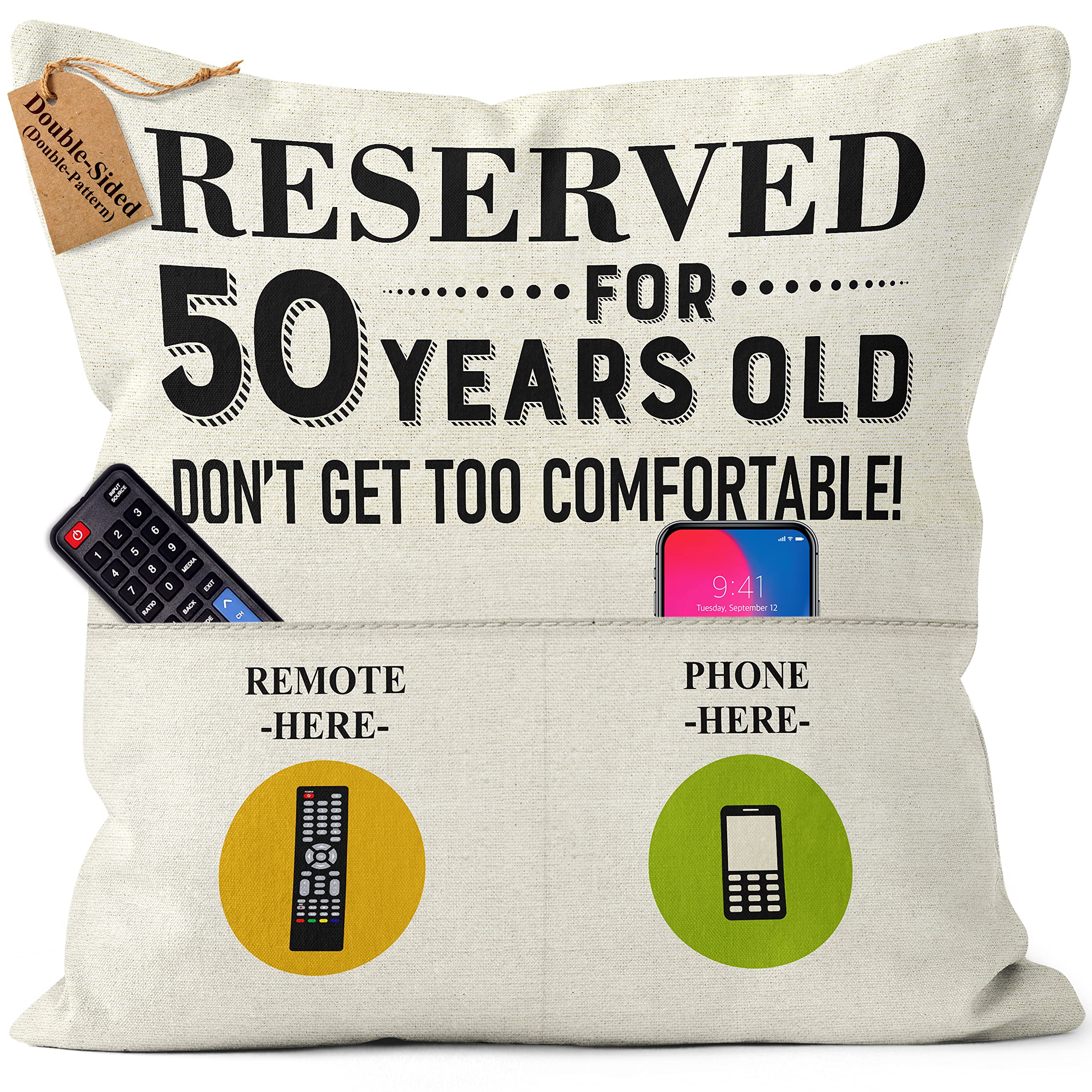 Kies Home® (Double-Sided) 50th Reserved 2-Pockets Birthday Gifts Ideas Pillow Covers 18x18 50th Birthday Gifts Men Women Gifts Birthday Decoration Mum Birthday Gifts Grandad Gifts 45x45 Pillow Cover