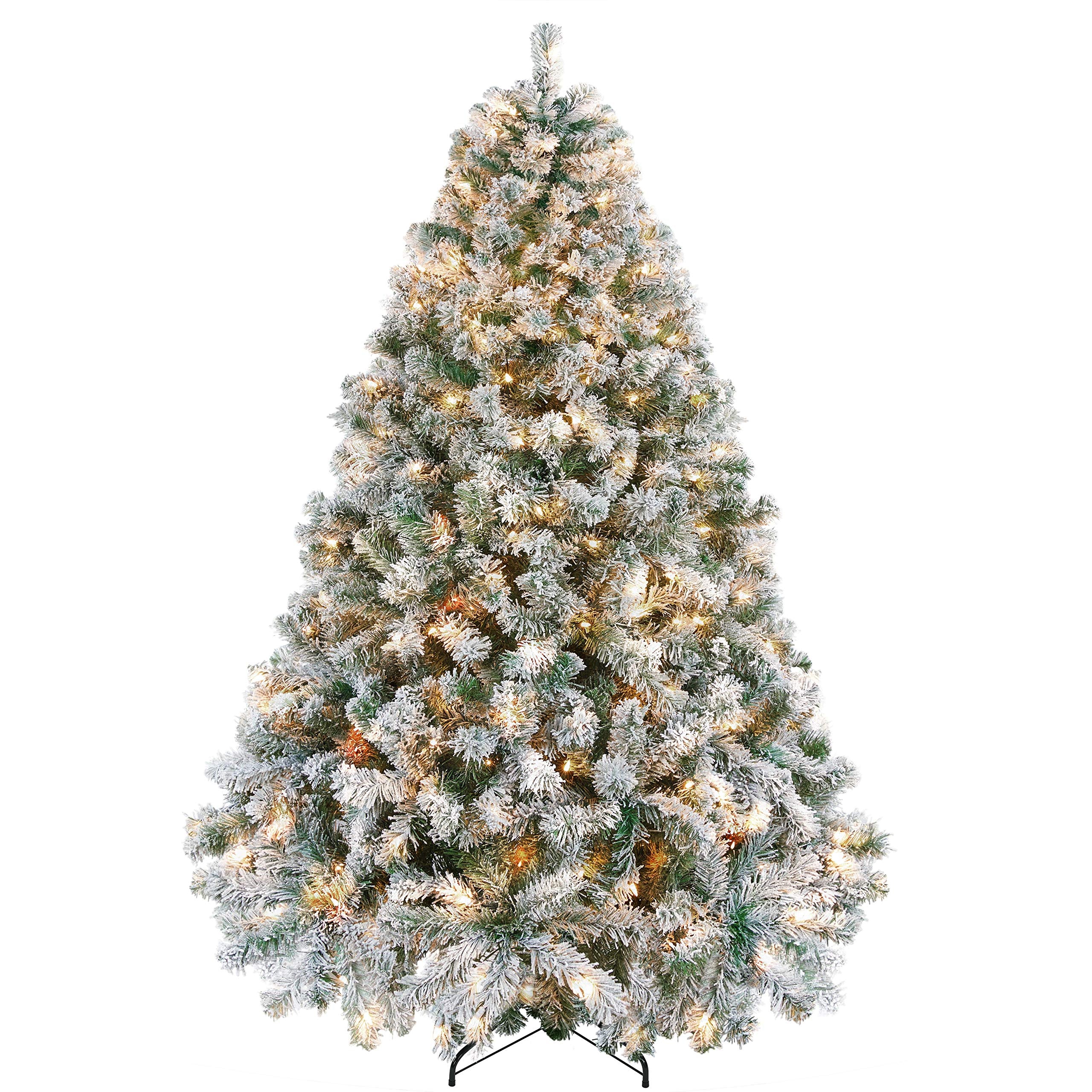 Yaheetech 6ft Pre-lit Artificial Christmas Tree with Incandescent Warm White Lights, Snow Flocked Full Prelighted Xmas Tree W/820 Branch Tips, 250 Incandescent Lights & Foldable Stand, Green & White