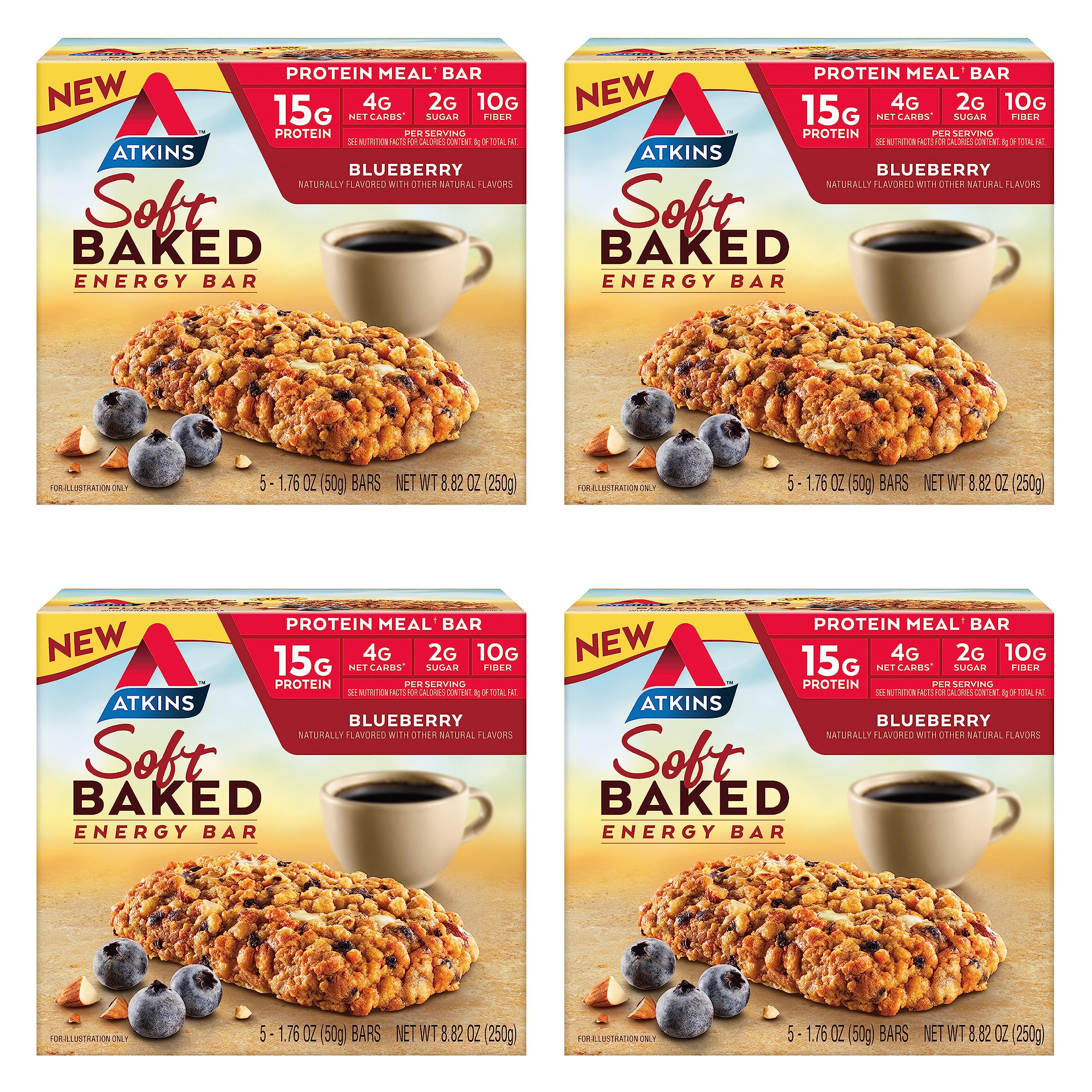 Atkins Soft Baked Energy Bars, Blueberry, 15g Protein,2g Sugar, Excellent Source of Fiber, Low Carb, 4 Packs (5 Bars Each)