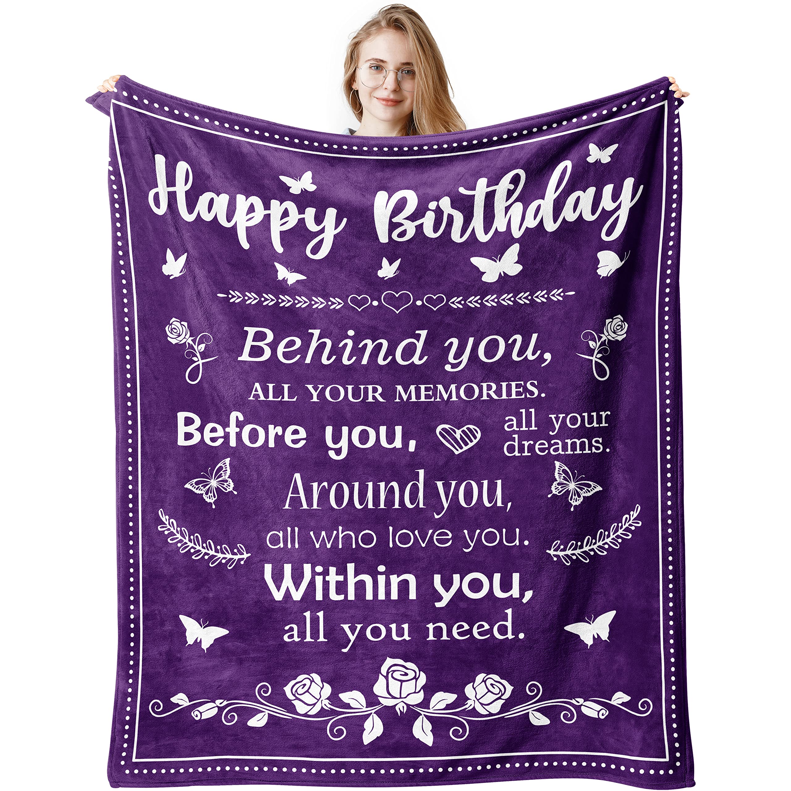 QUWOGY Birthday Gifts for Women/Men/Her/Him Friendship Blanket Purple 60"x50", Happy Birthday Decorations Women/Men Throw Blanket, Bday Gifts for Women Unique, Best Birthday Gift Ideas