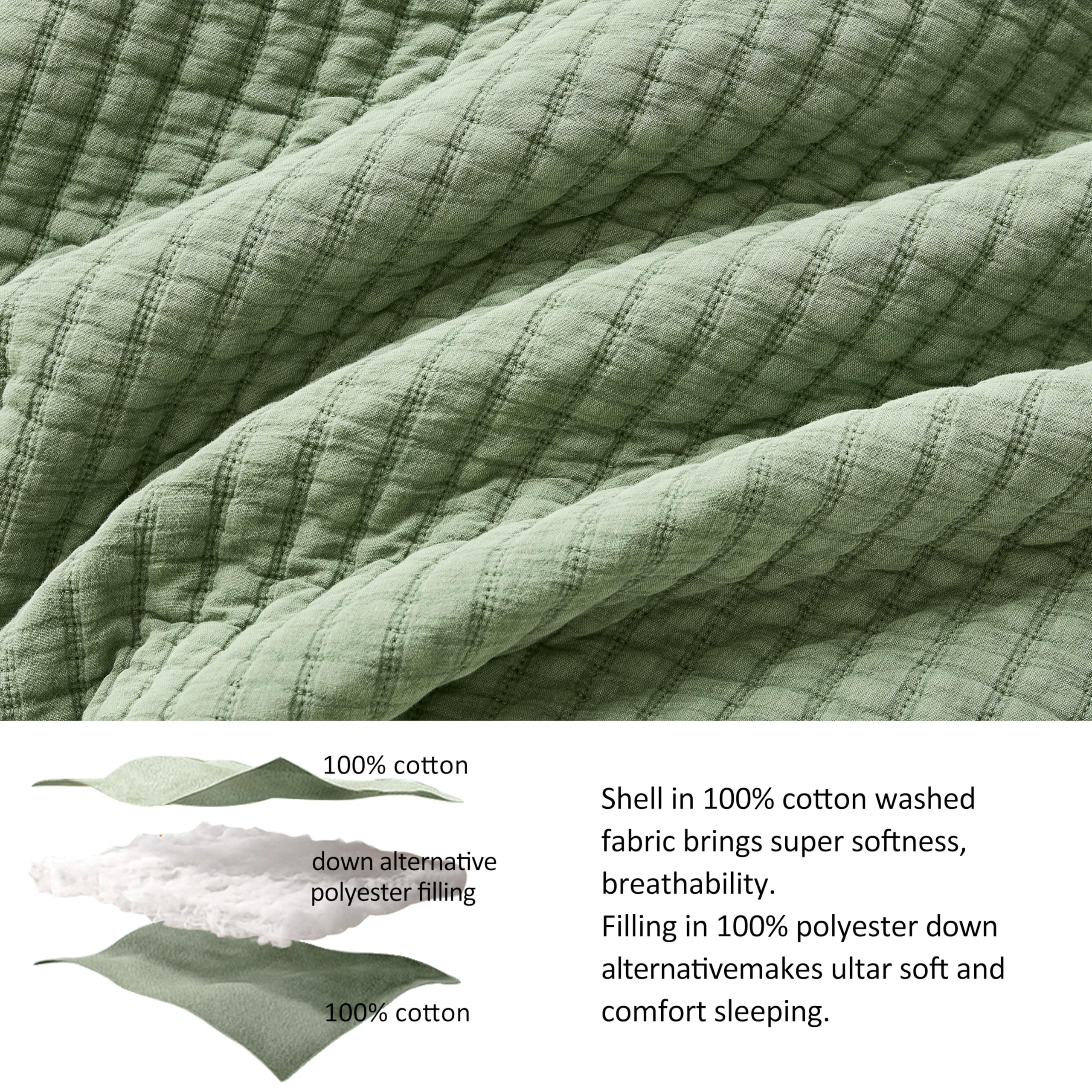 WDCOZY Sage Green King Size Quilt Set, Muslin Cotton Shell Down-Alt Poly Filling, Shabby Chic Rustic Farmhouse Country Bedspread, Textured Gauze Coverlet, Soft Lightweight Bedding, 2 Shams