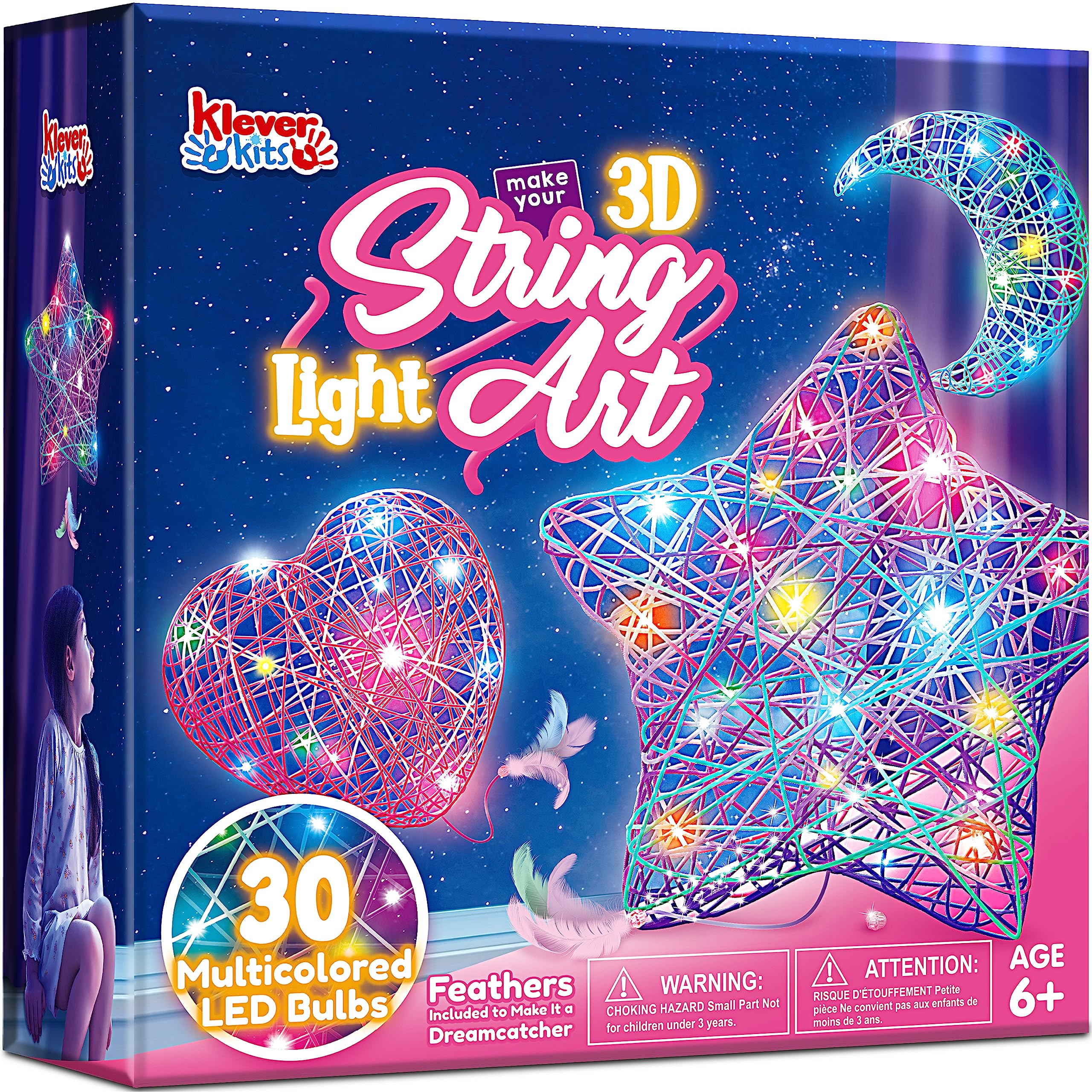 Klever Kits 3D String Art Kit for Kids, Light Up String Light Toy with 30 Multi-Colored LED Bulbs, Arts and Crafts Set, Birthday Gifts for Girls and Boys Ages 6+