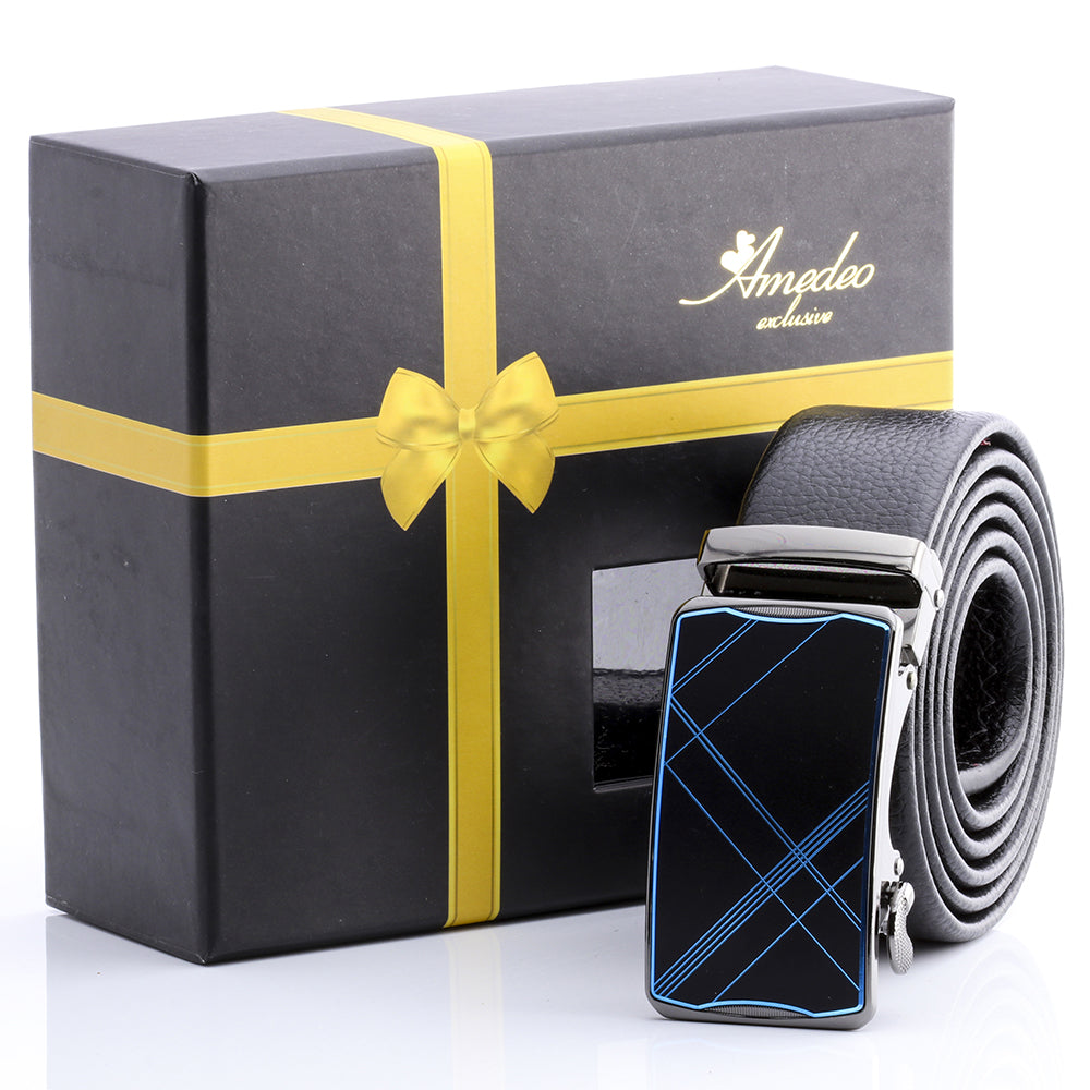 Men's Stainless Steel Black Belt with Blue & Black Buckle