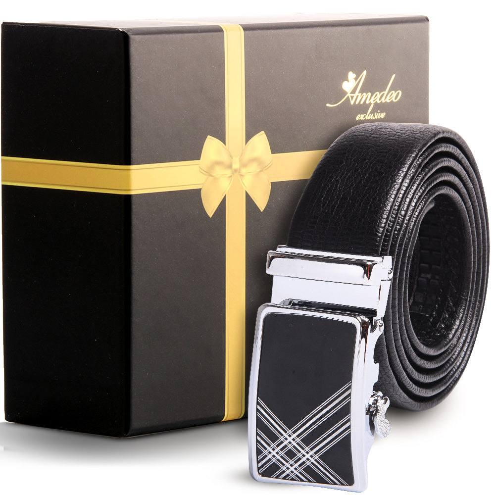 Men's Stainless Steel Black Belt with Silver & Black Buckle