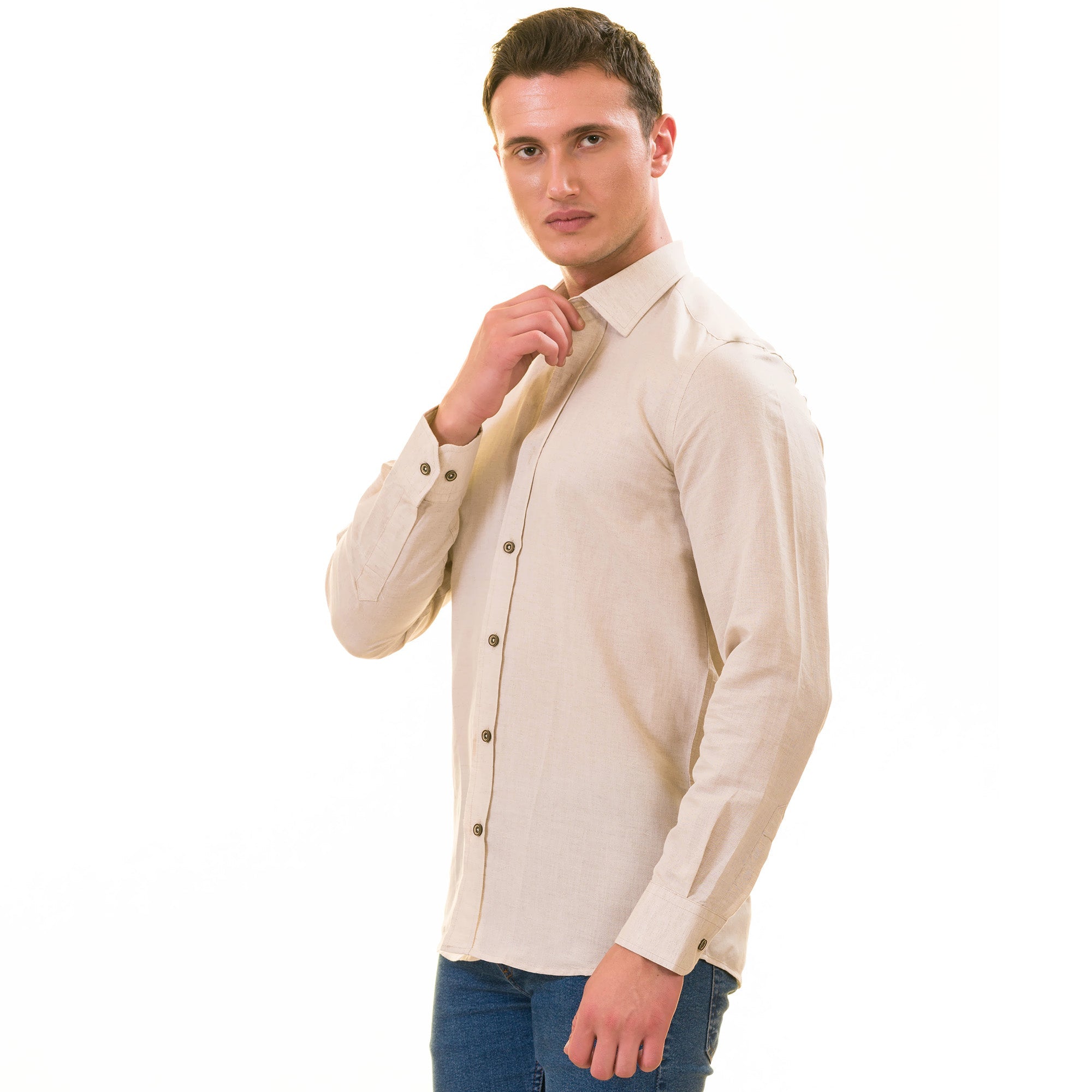 Beige Luxury Men's Tailor Fit Button Up European Made Linen Shirts