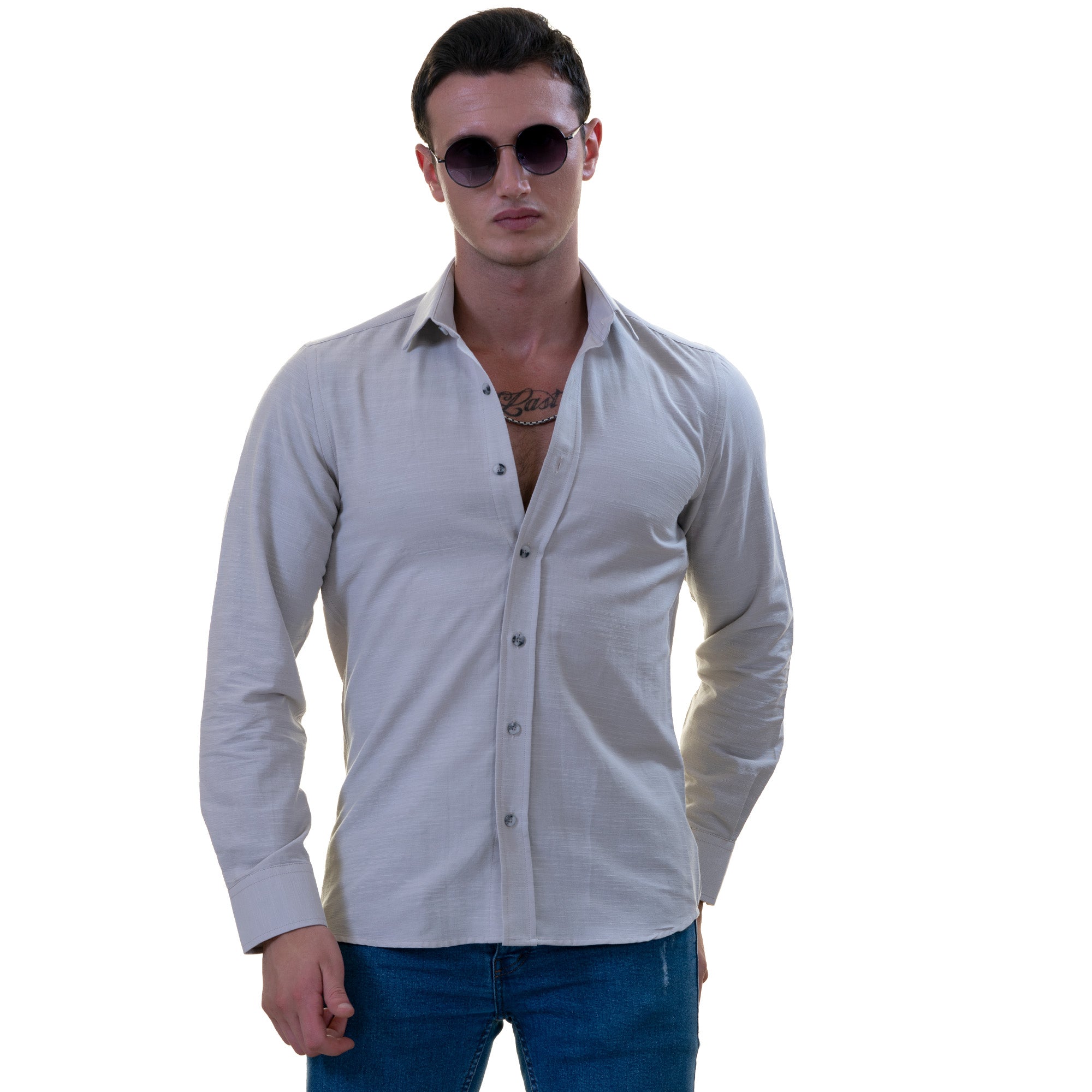 Light Gray Luxury Men's Tailor Fit Button Up European Made Linen