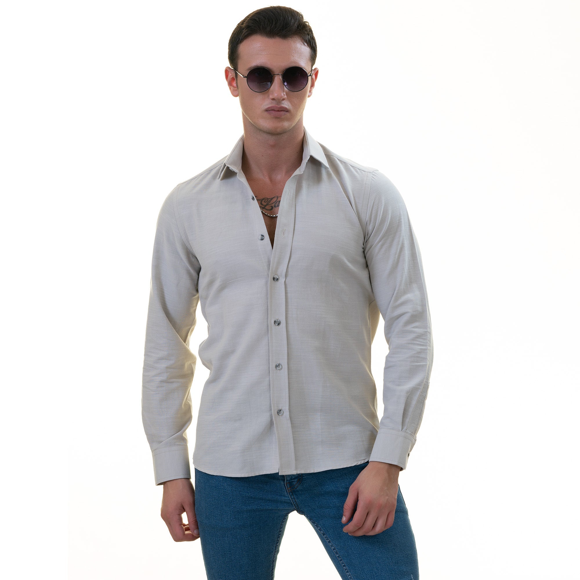 Light Gray Luxury Men's Tailor Fit Button Up European Made Linen