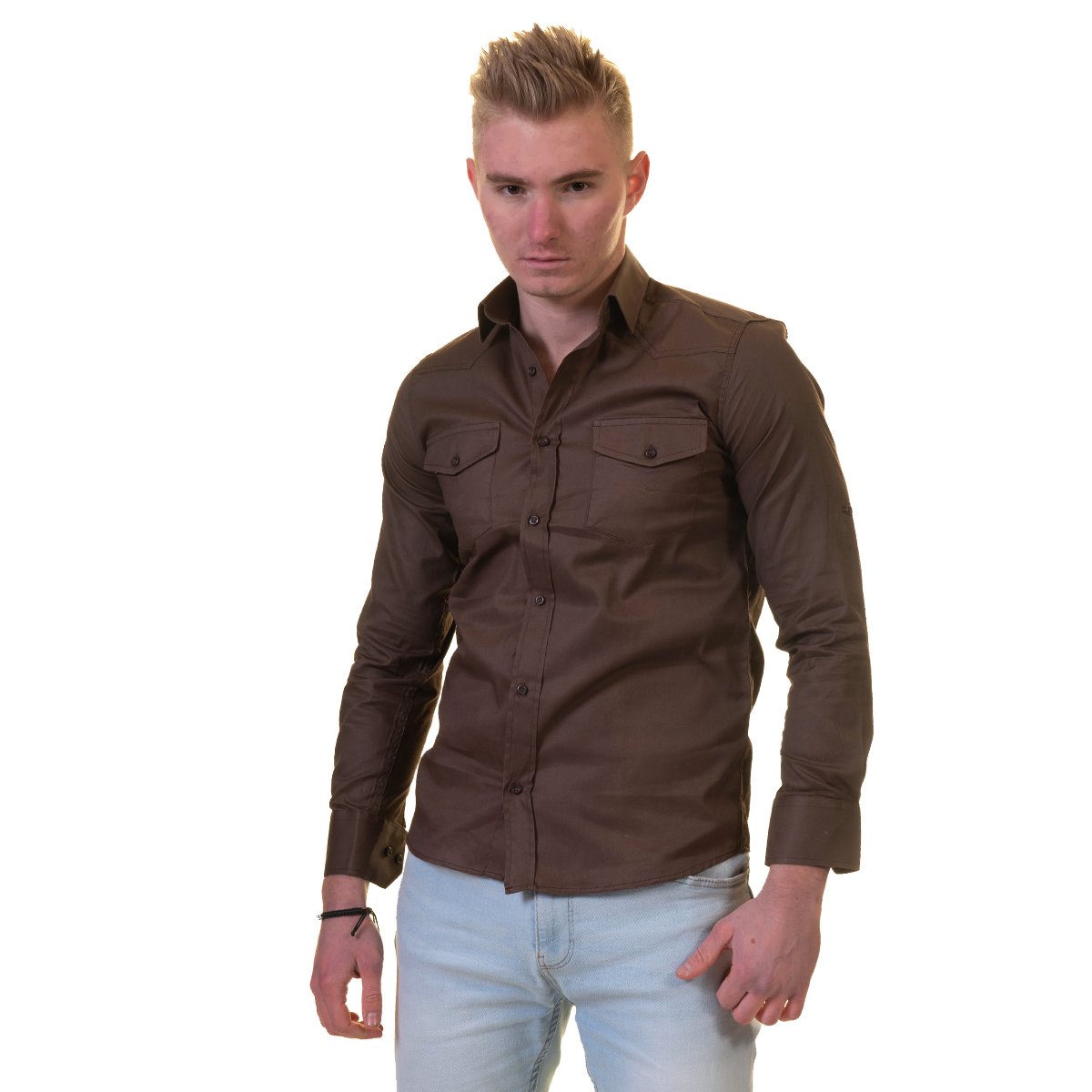 Dark Brown Mens Slim Fit Designer Dress Shirt - tailored Cotton Shirts