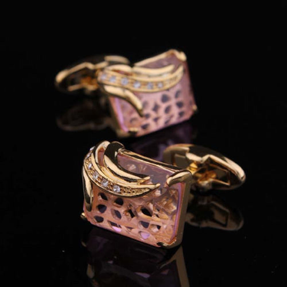 Exclusive Gold + Pink Mens Stainless Steel Squares Cufflinks for Shirt