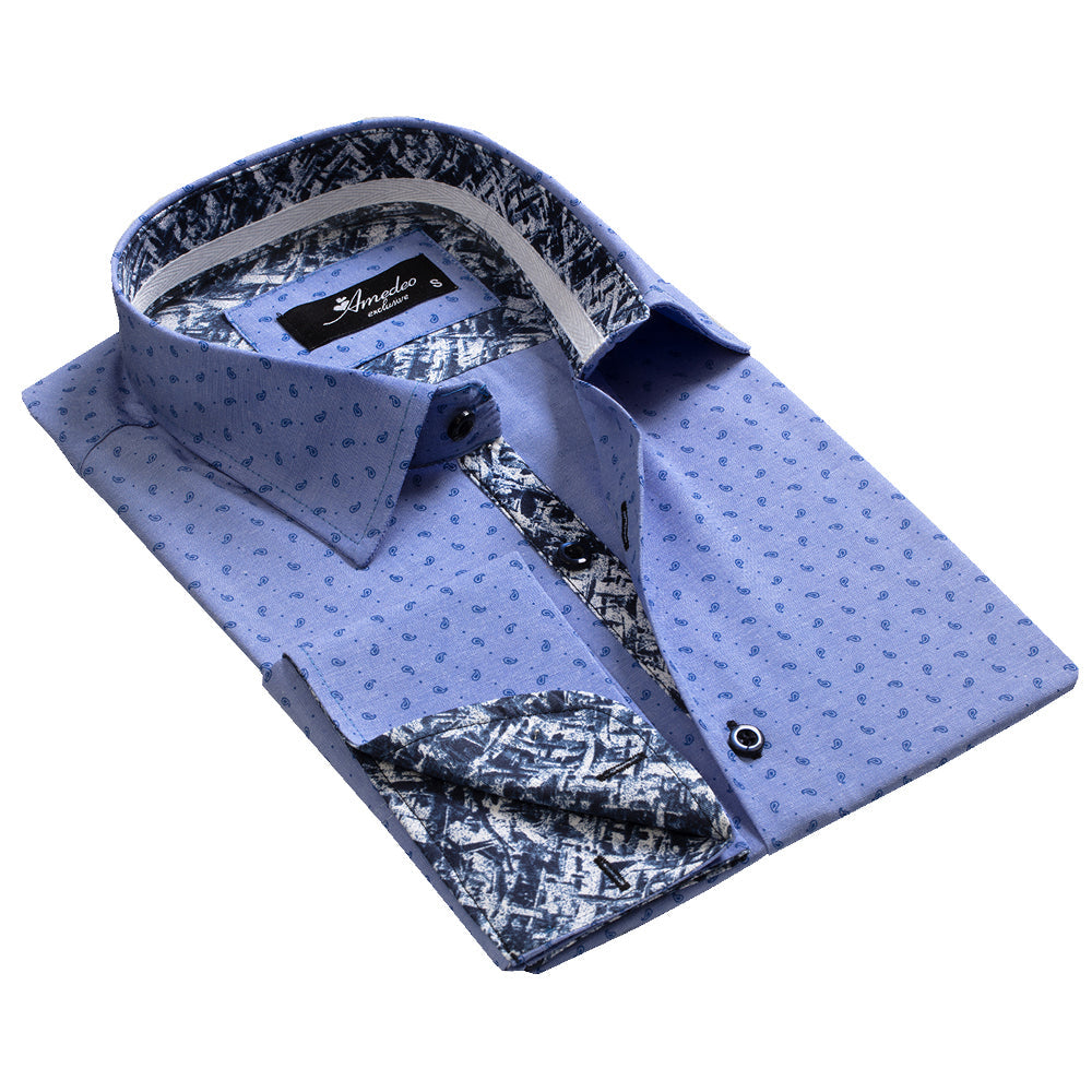 Denim Blue Mens Slim Fit French Cuff Dress Shirts with Cufflink Holes