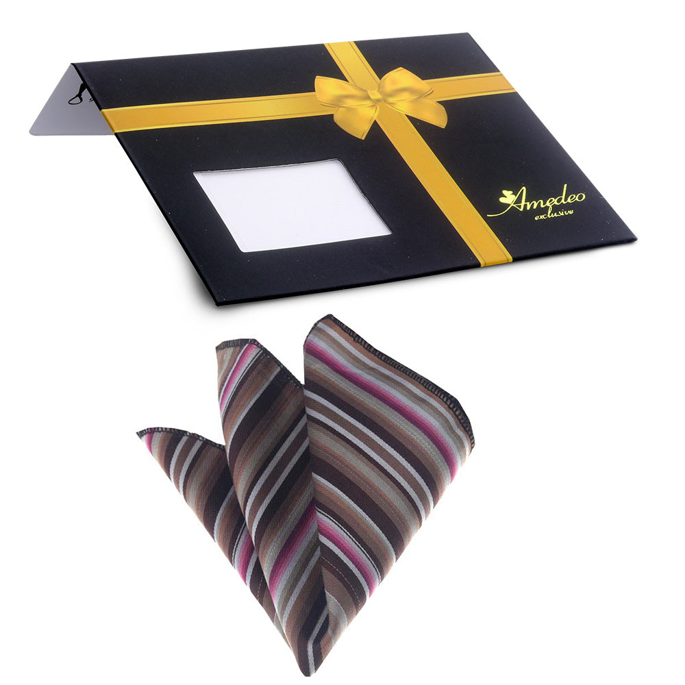 Pink Brown White Stripes Mens Pocket Square - Premium Silk