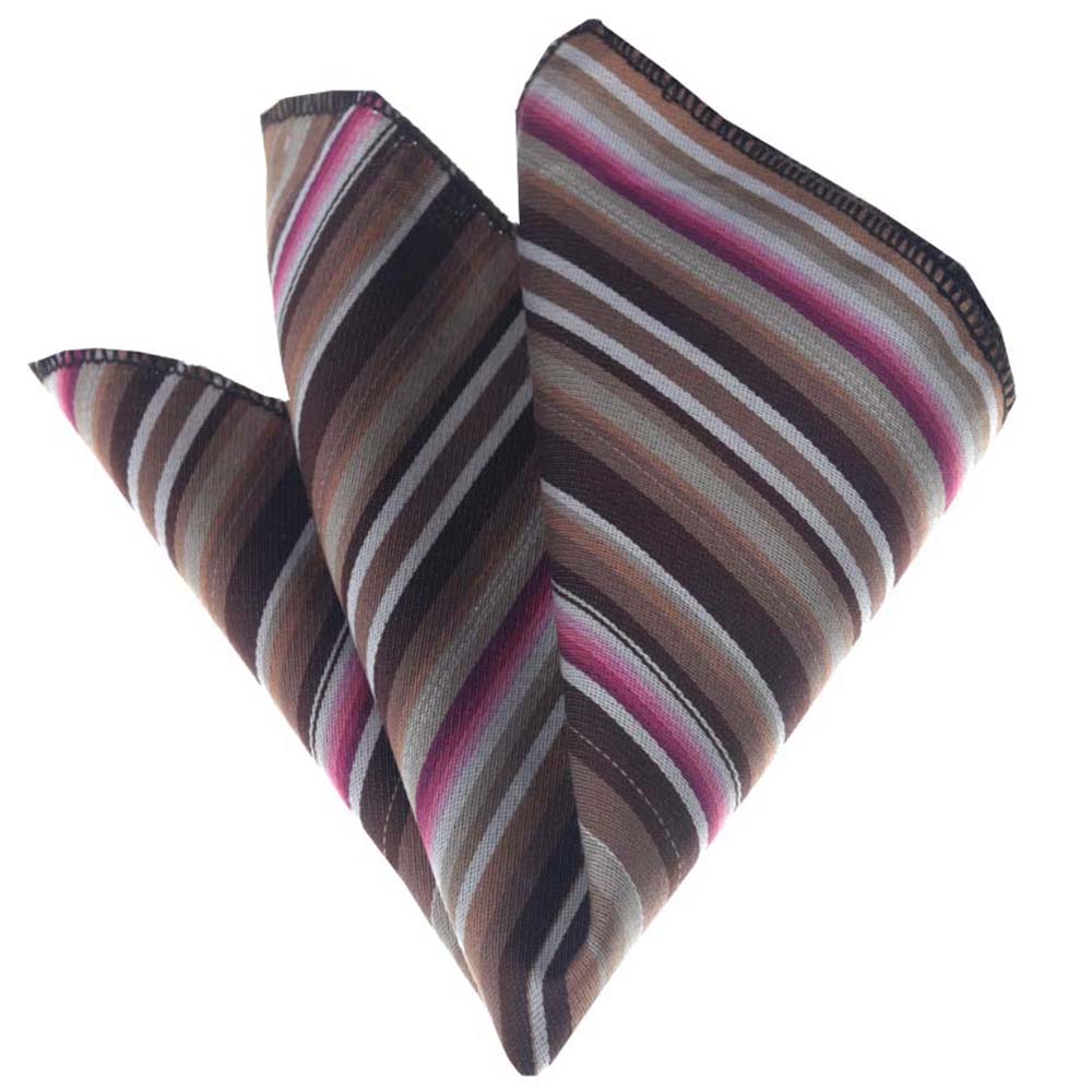 Pink Brown White Stripes Mens Pocket Square - Premium Silk