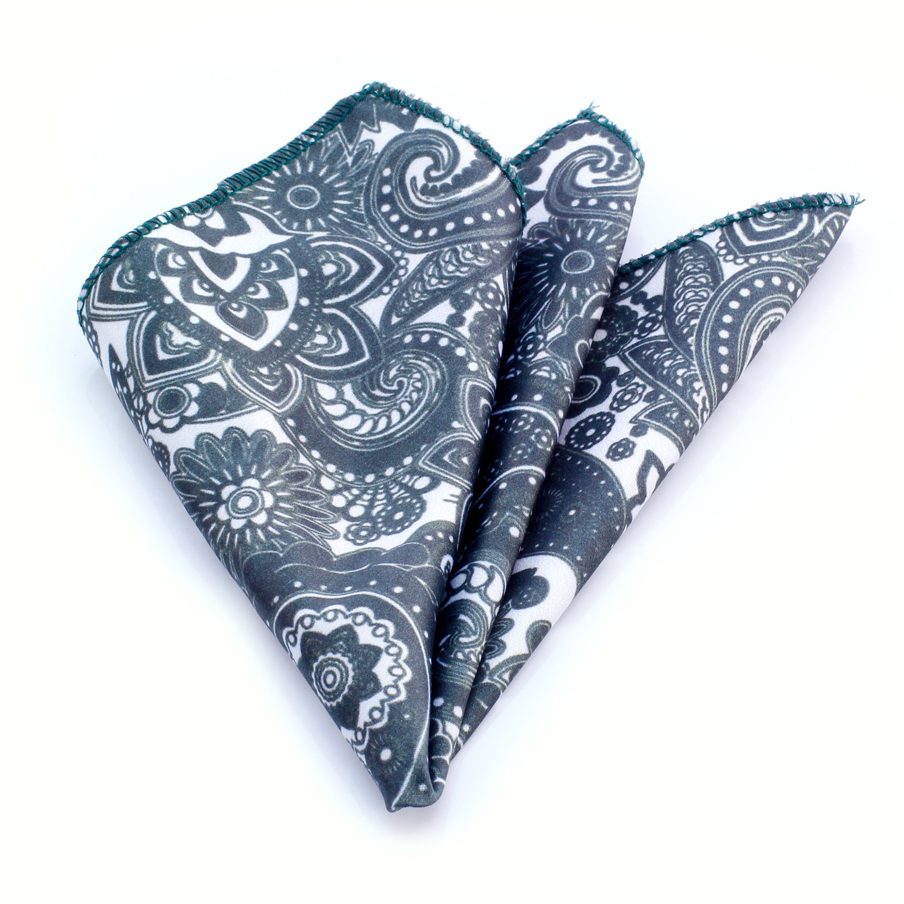 Dark Green & White Paisley Mens Pocket Square - Premium Silk